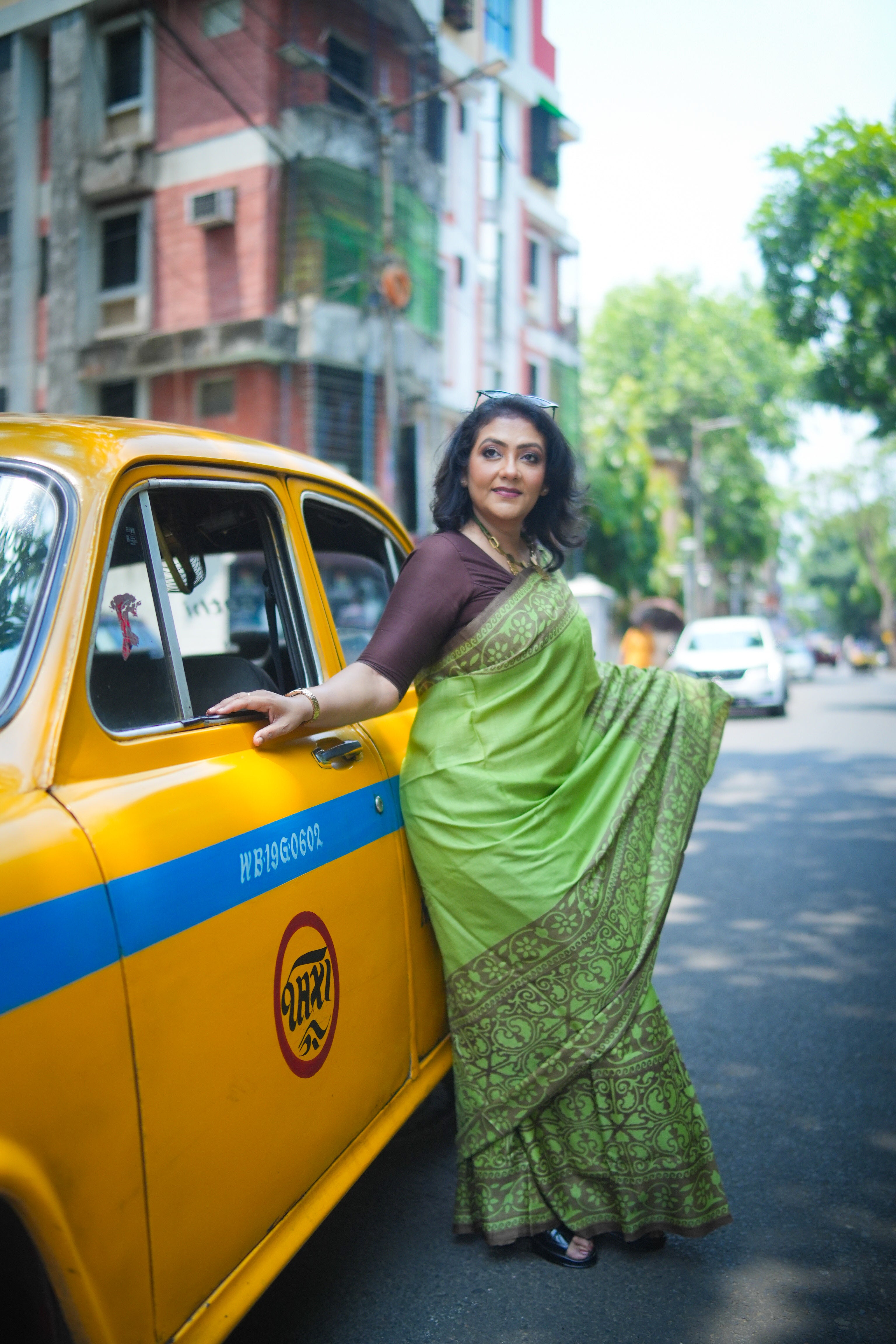 SAREE TUSSER GREEN BROWN LALIE