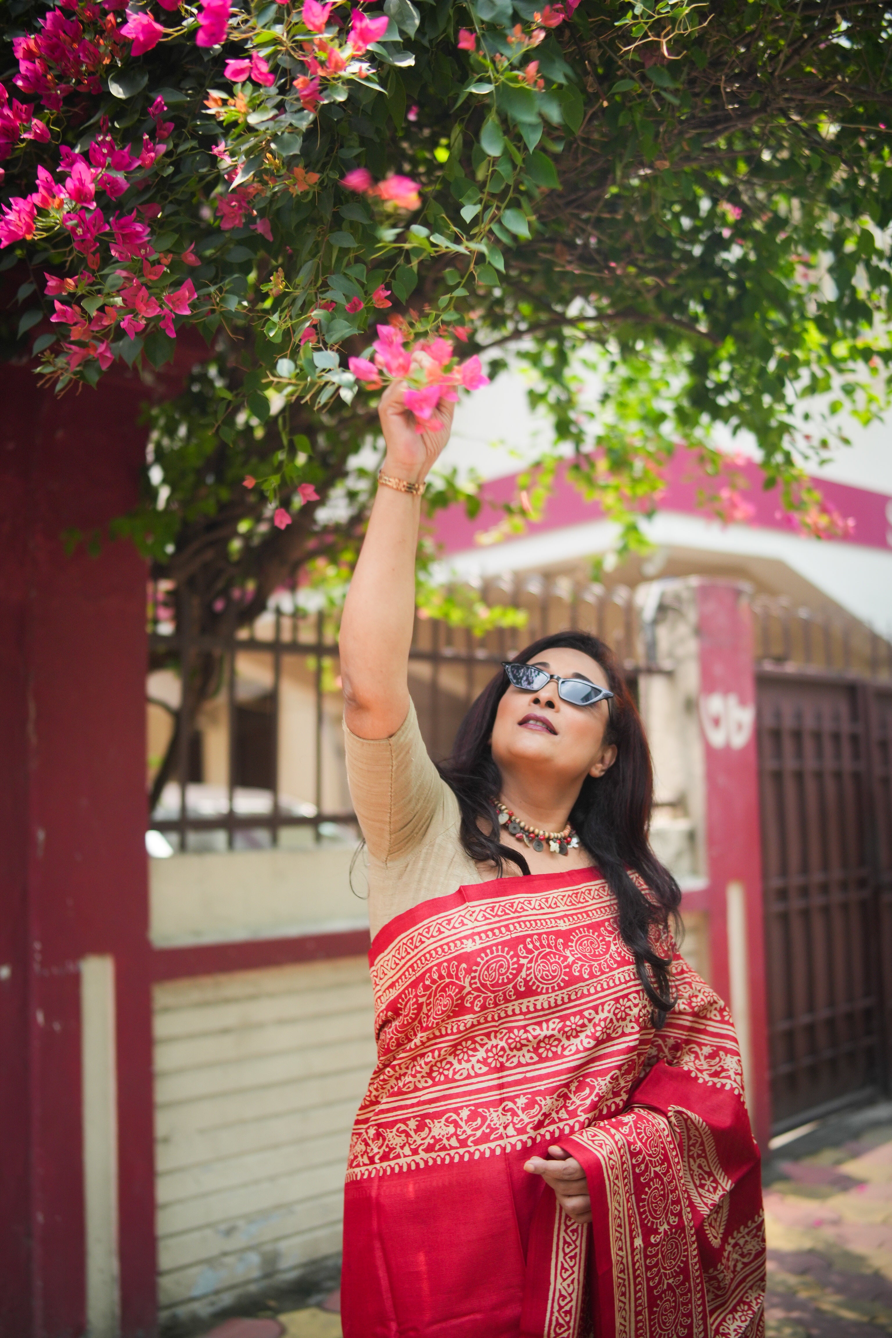 SAREE TUSSER RED DISCHARGE AUDY