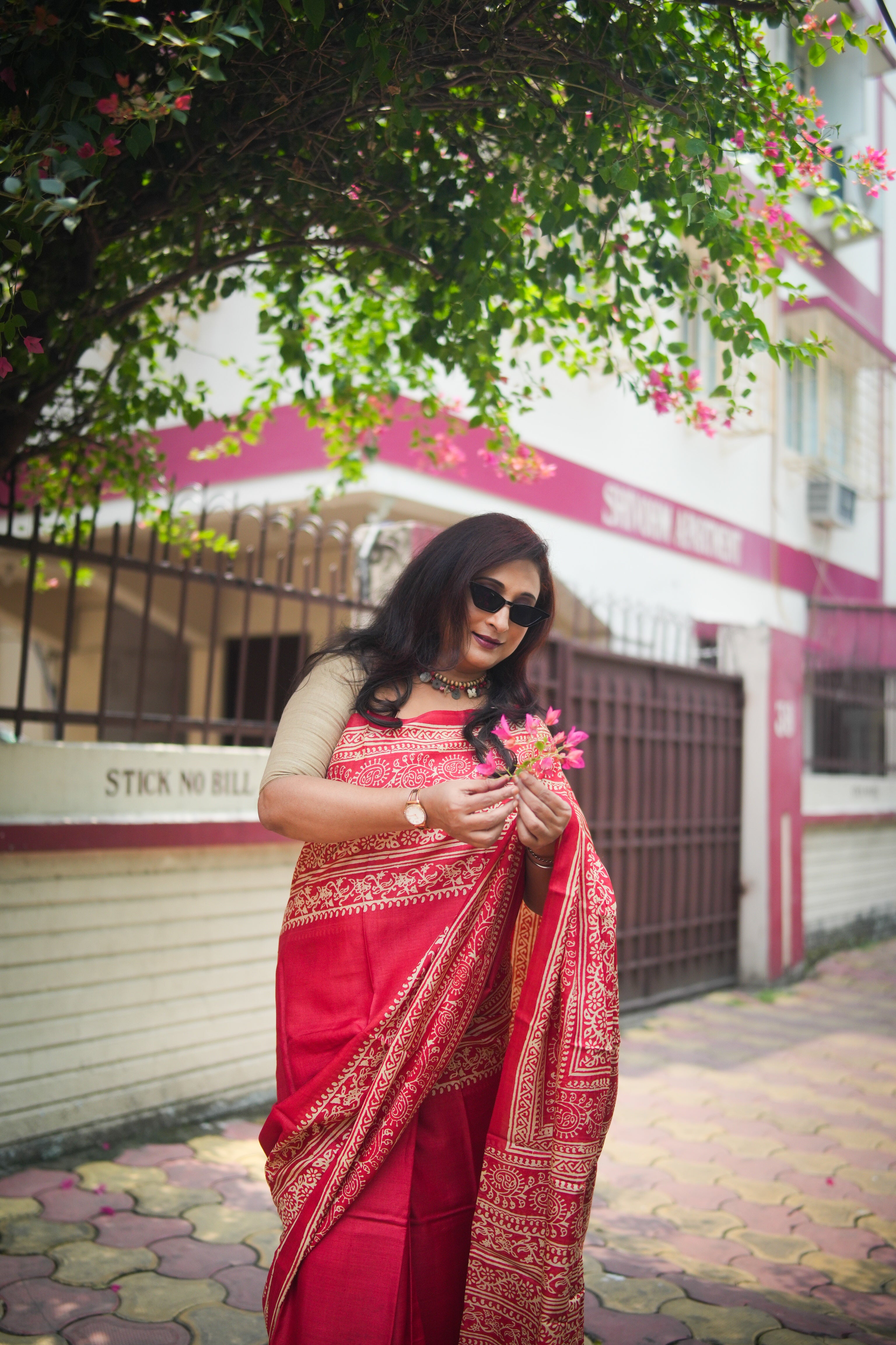 SAREE TUSSER RED DISCHARGE AUDY