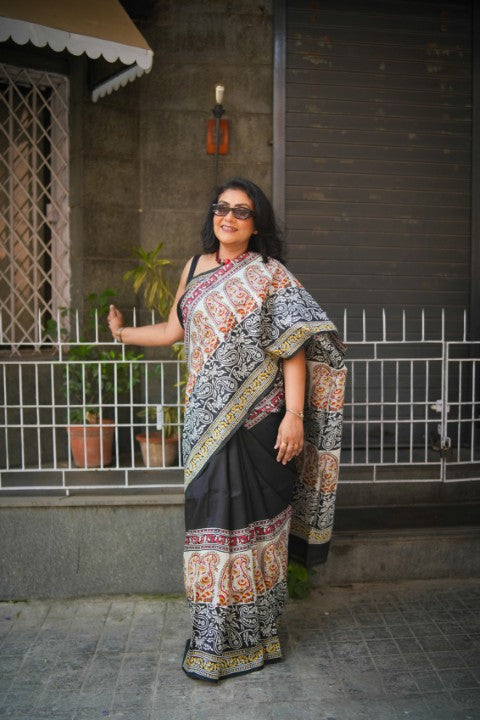 SAREE SILK BLACK MULTI PAISLEY LALIE