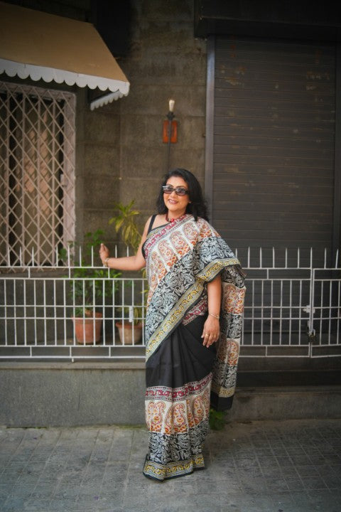 SAREE SILK BLACK MULTI PAISLEY LALIE