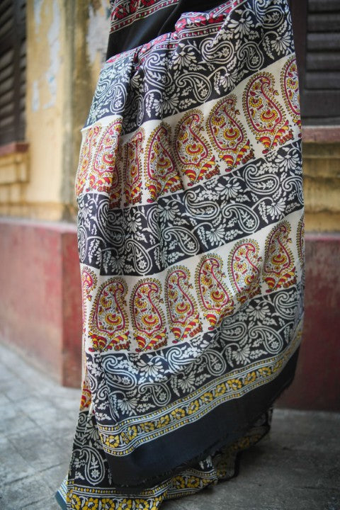 SAREE SILK BLACK MULTI PAISLEY LALIE