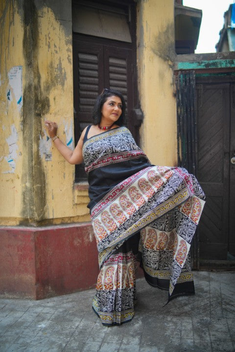 SAREE SILK BLACK MULTI PAISLEY LALIE