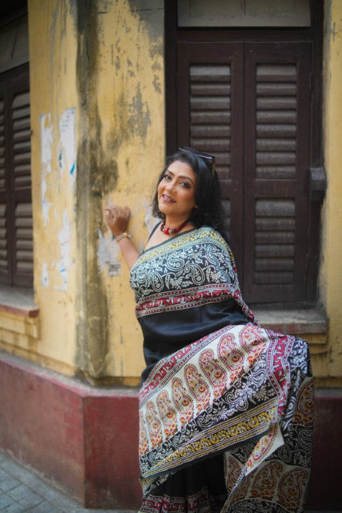 SAREE SILK BLACK MULTI PAISLEY LALIE