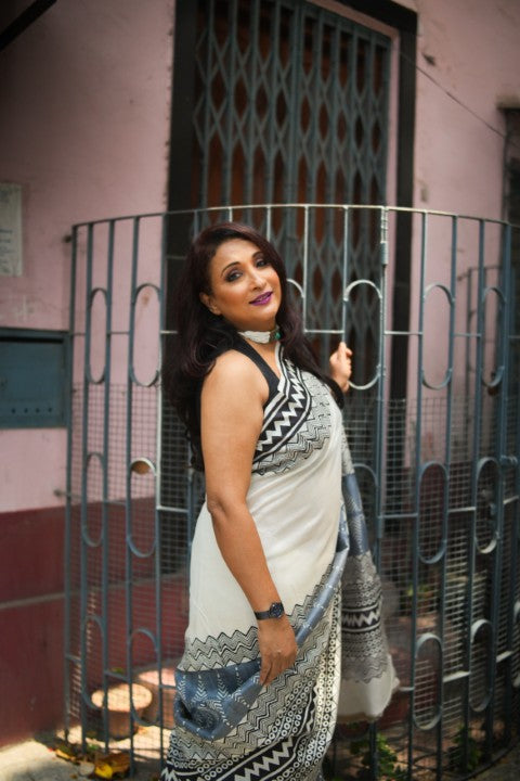 SAREE SILK OFFWHITE-ASH AUDY