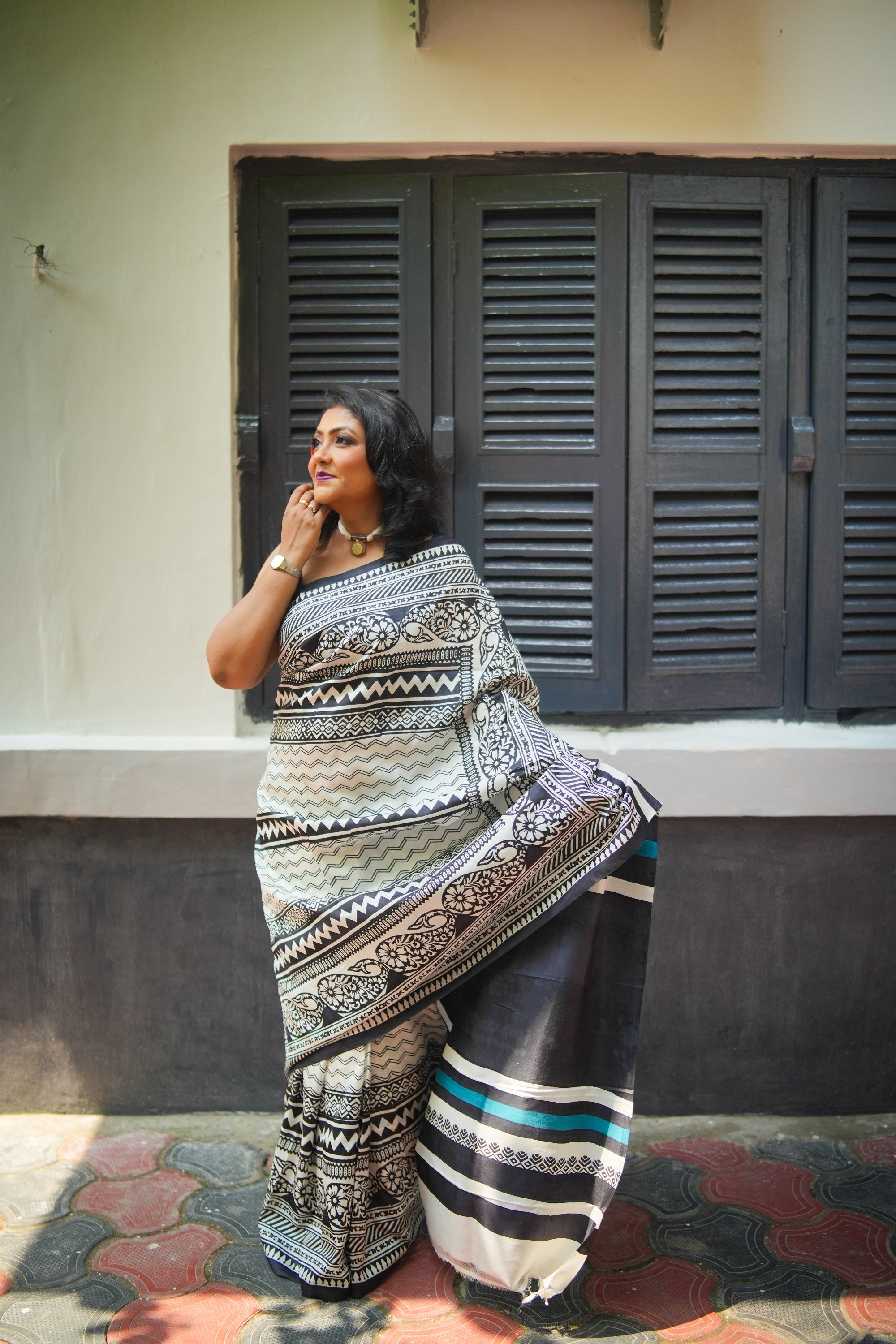 SAREE SILK OFFWHITE BLACK LALIE