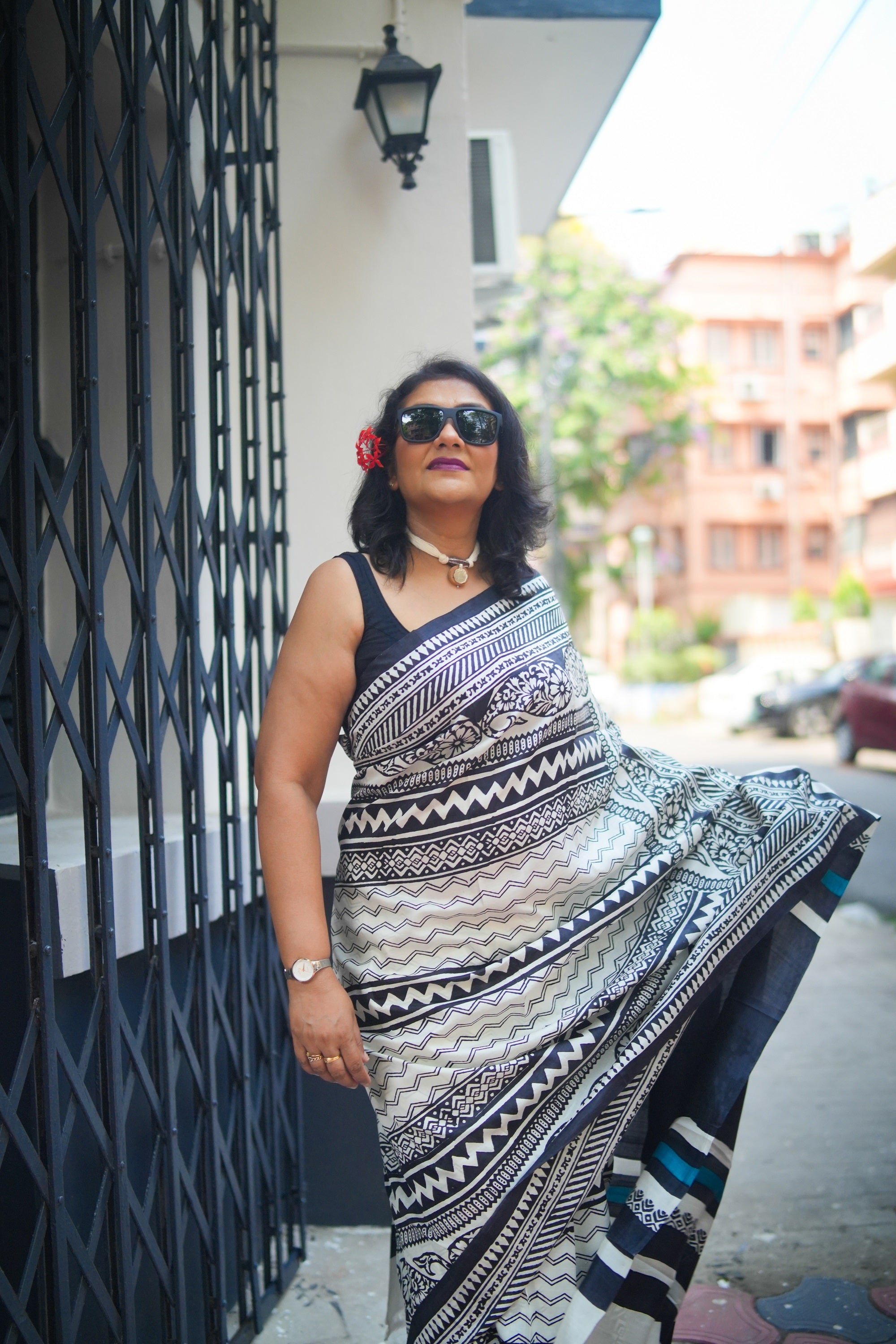 SAREE SILK OFFWHITE BLACK LALIE