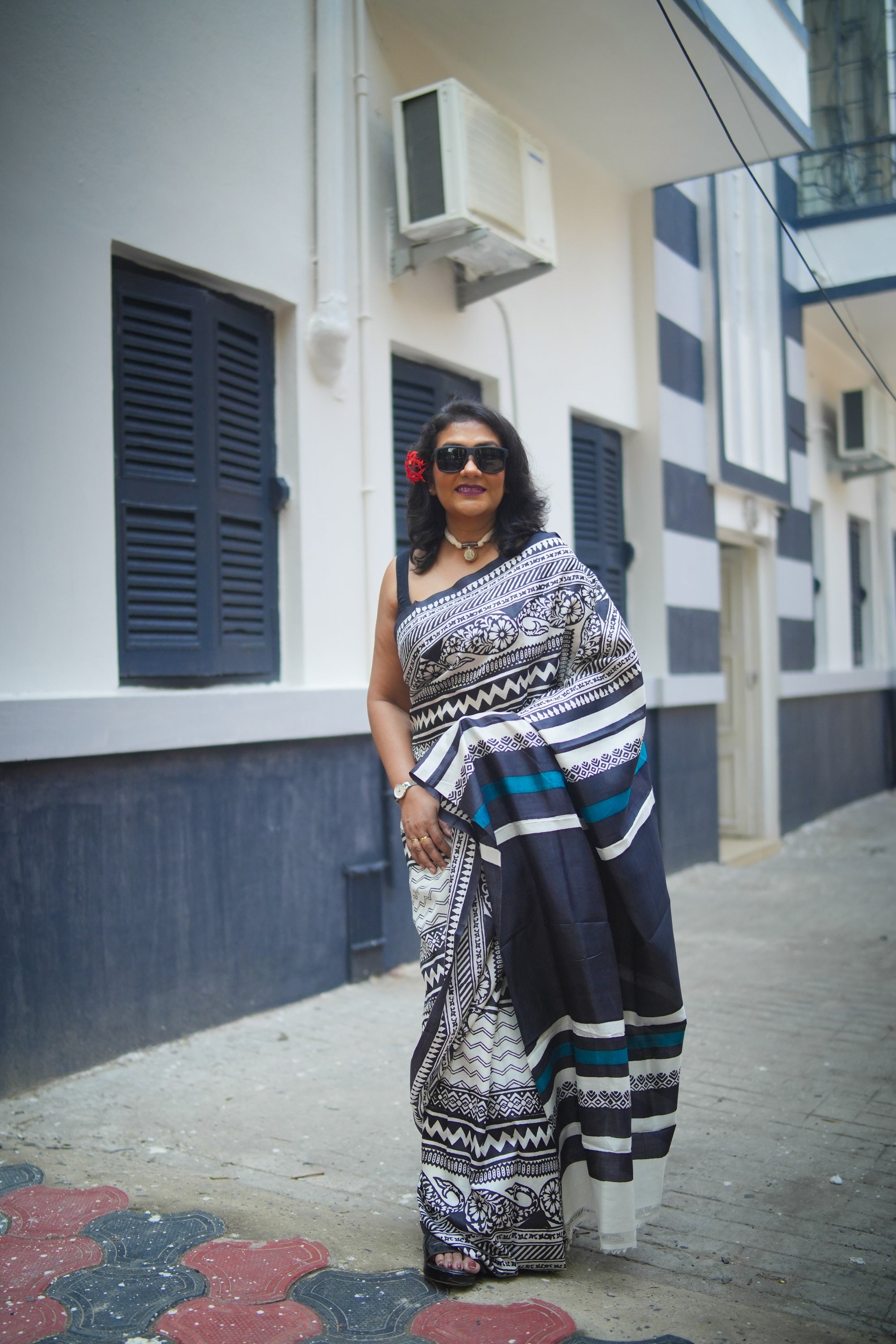 SAREE SILK OFFWHITE BLACK LALIE