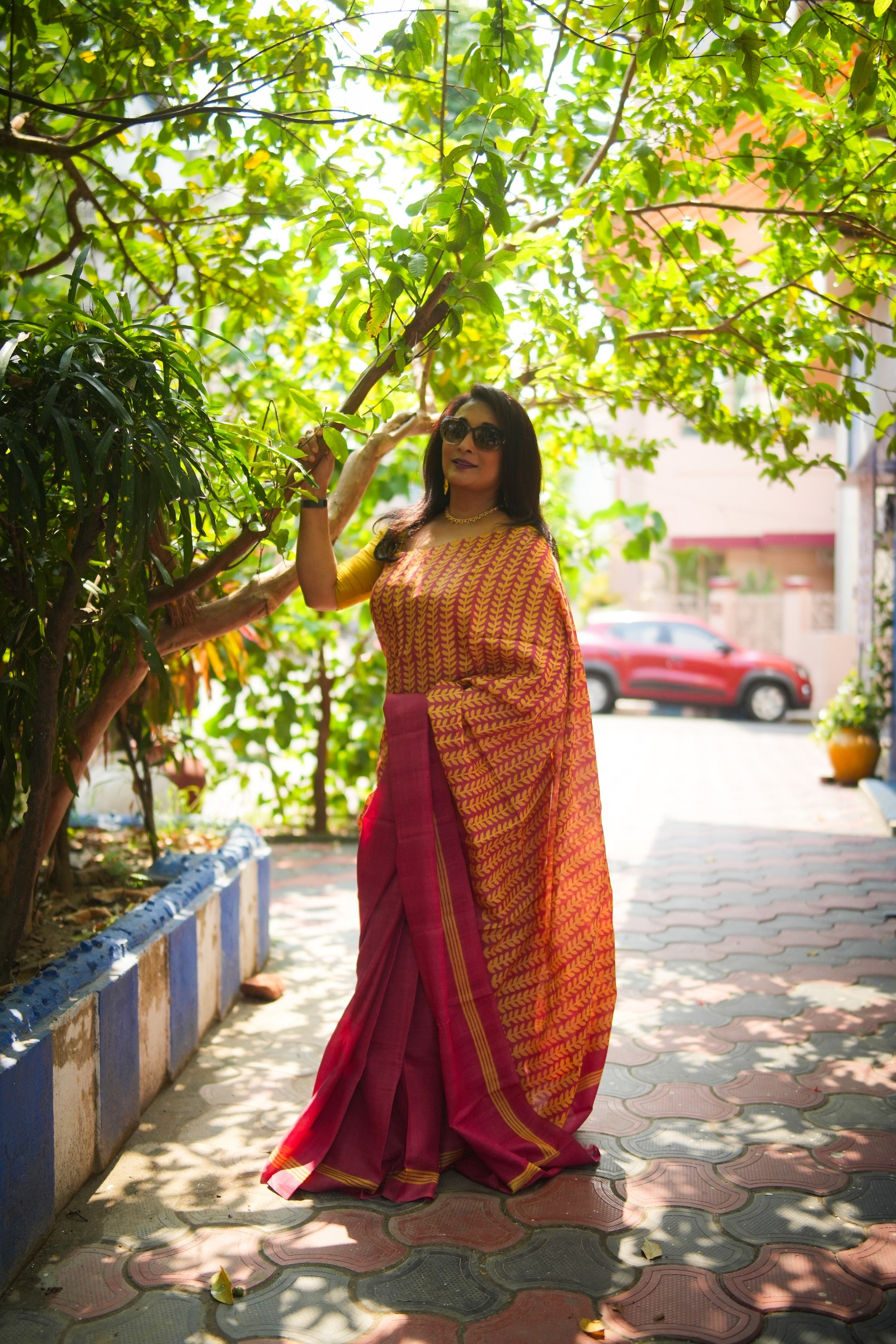 SAREE TUSSER RED LEAVES AUDY