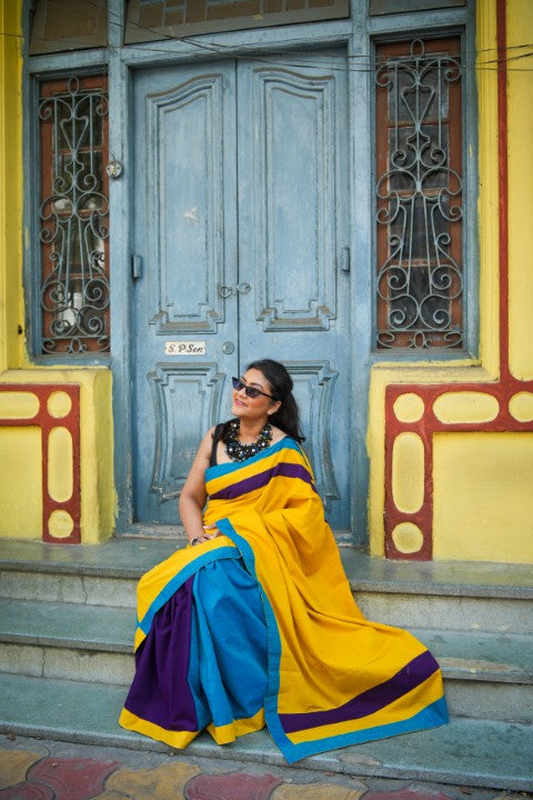 Yellow Blue Violet Lalie Saree