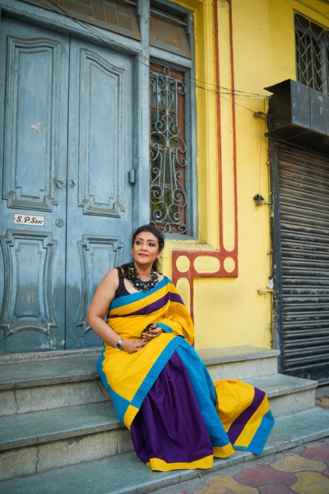 Yellow Blue Violet Lalie Saree