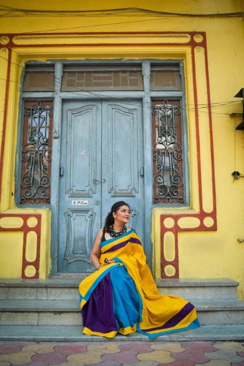 Yellow Blue Violet Lalie Saree