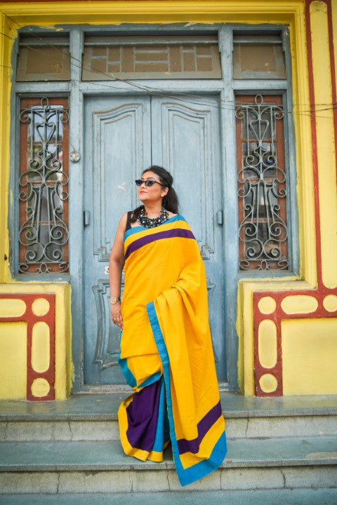 Yellow Blue Violet Lalie Saree