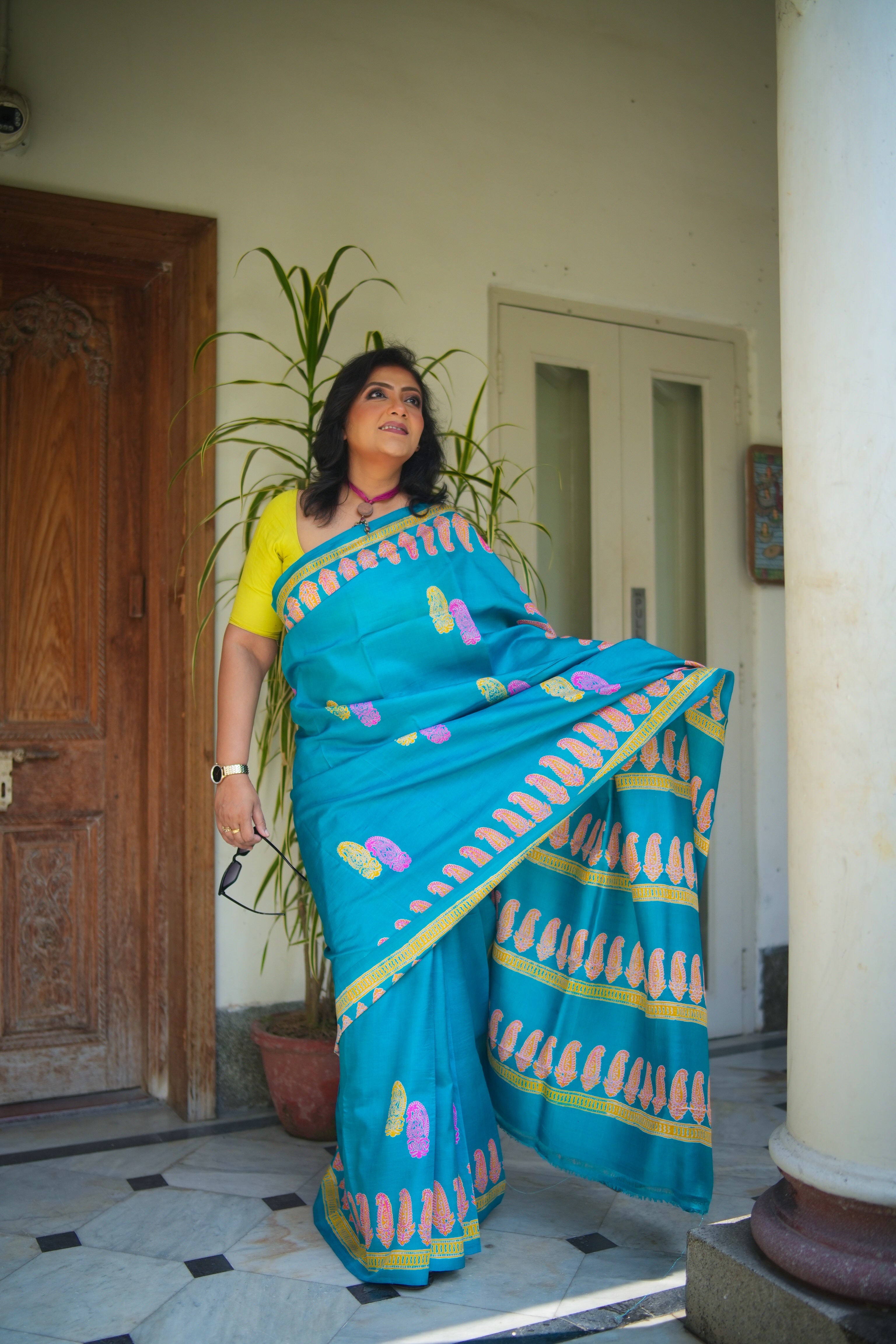SAREE SILK T.BLUE DISCHARGE PRNT LALIE