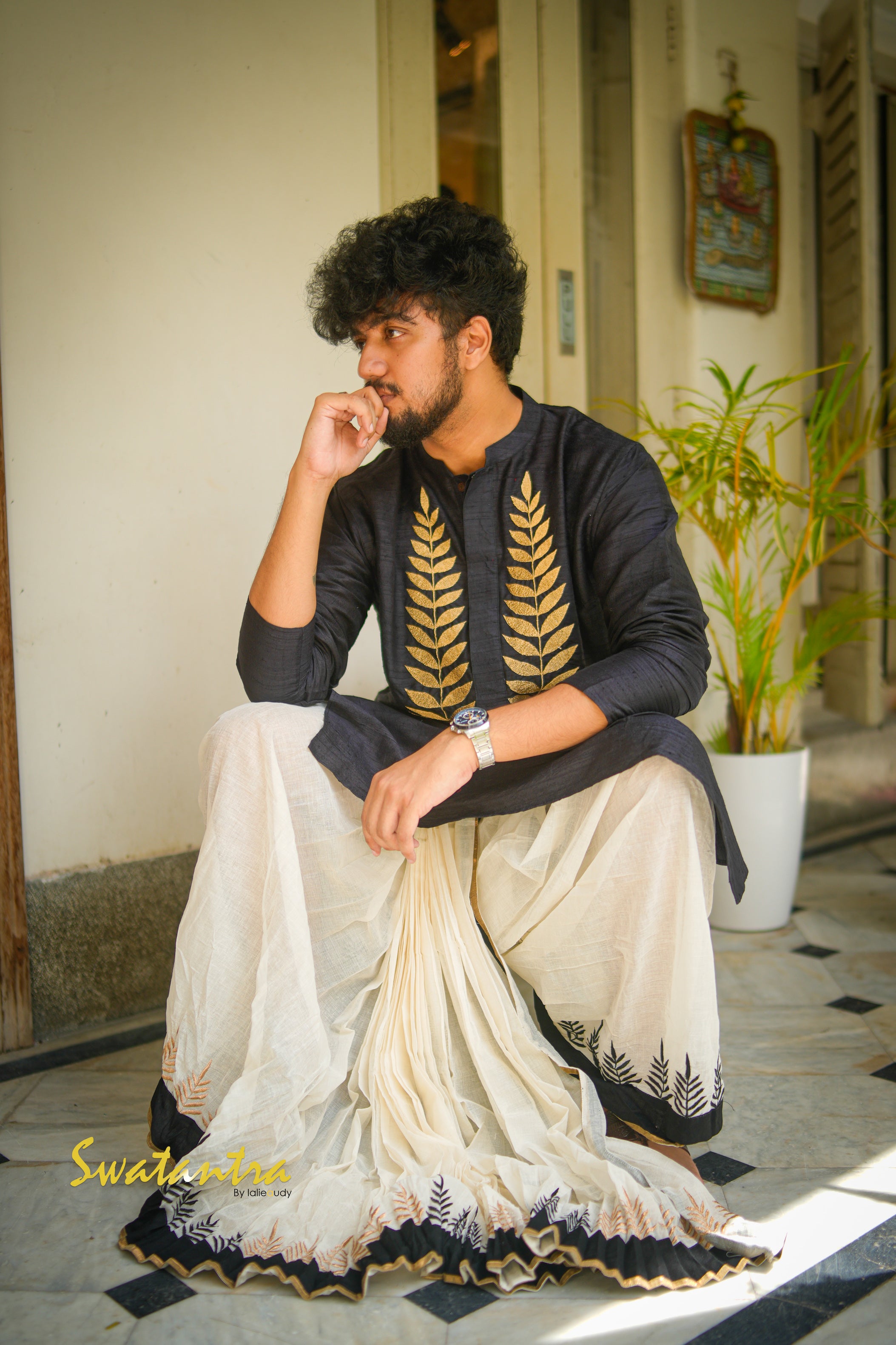 GK BLACK RAW SILK DEBASHRUTO - DHOTI