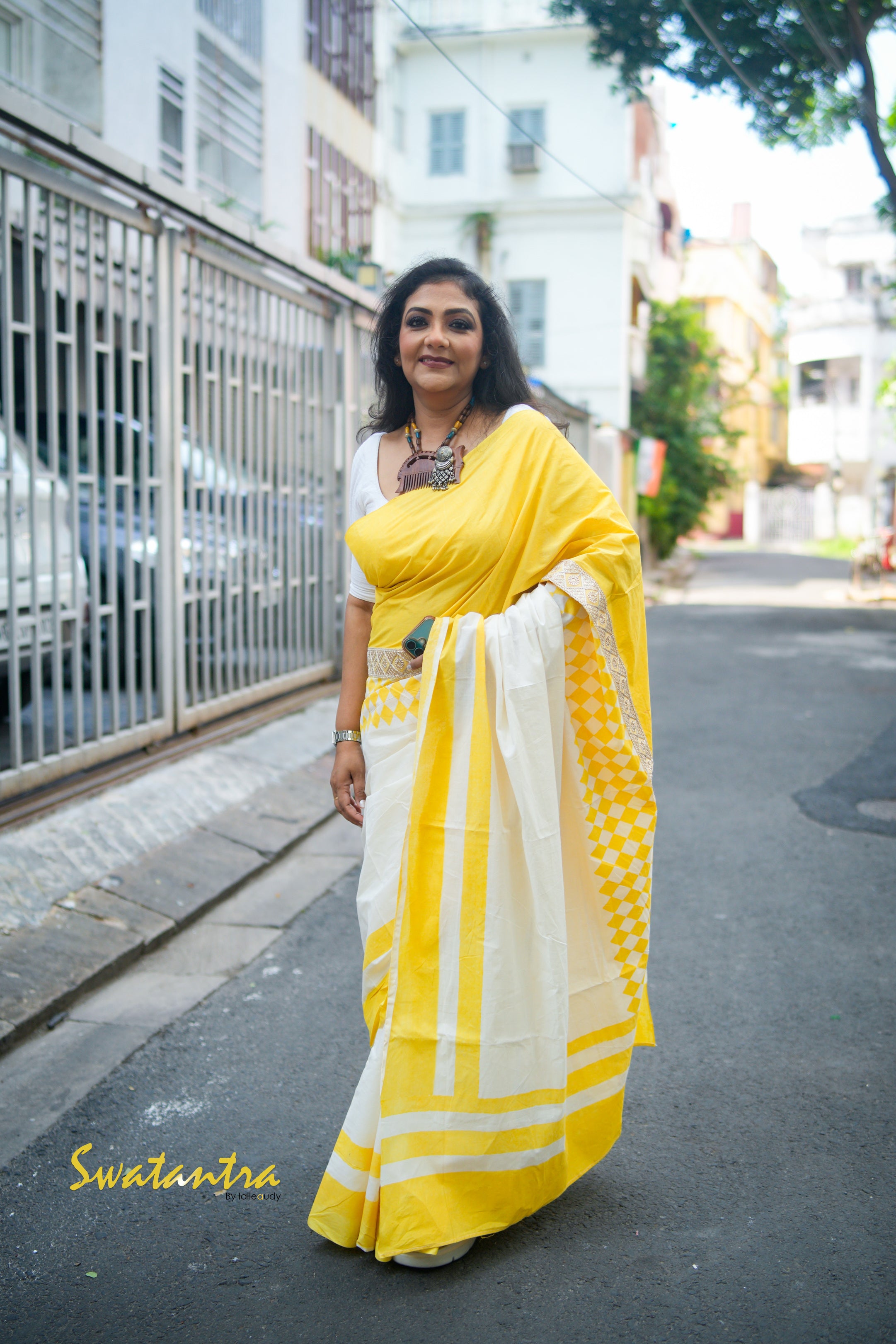 OFFWHITE YELLOW LALIE-SSR-COTTON SAREE