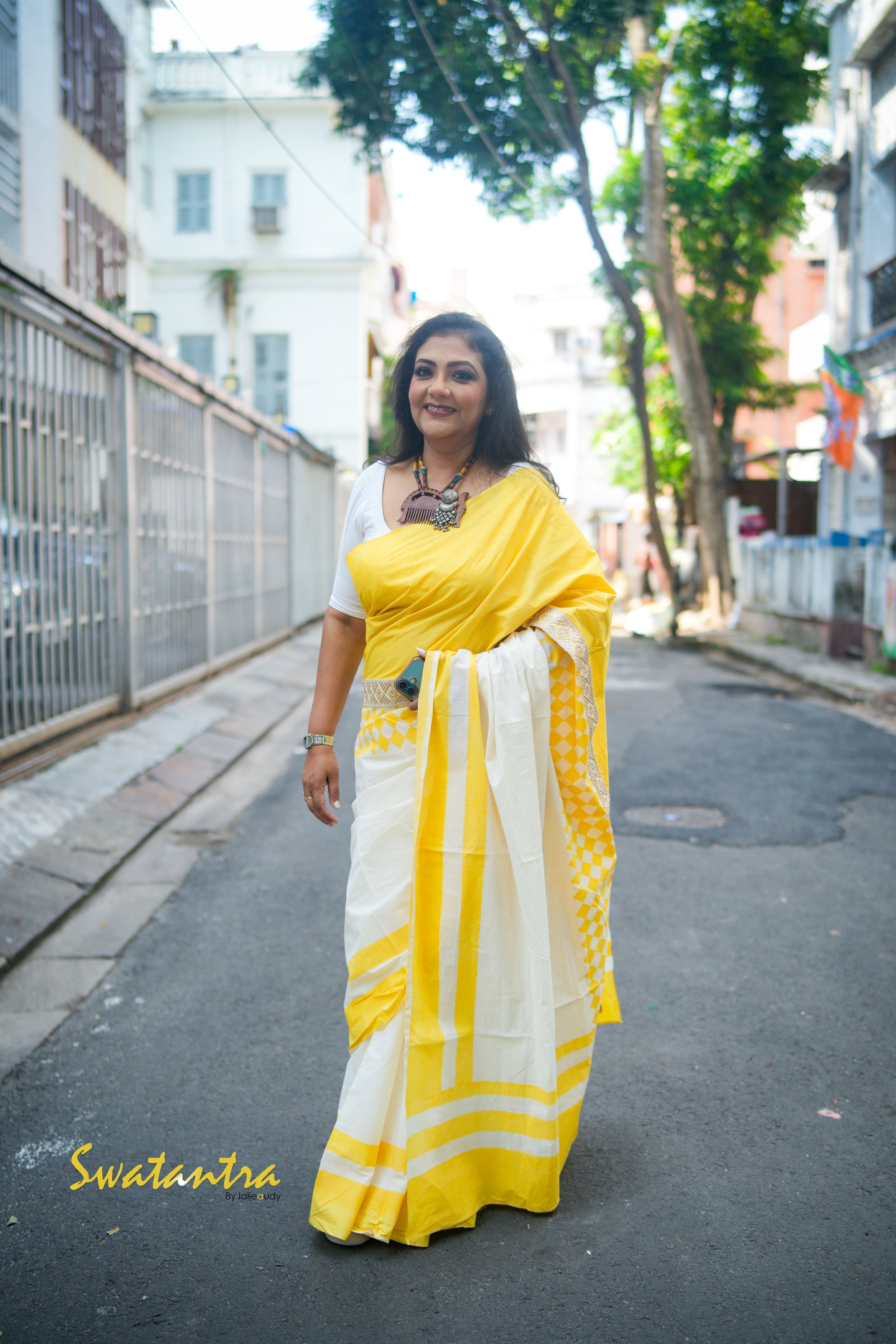 OFFWHITE YELLOW LALIE-SSR-COTTON SAREE
