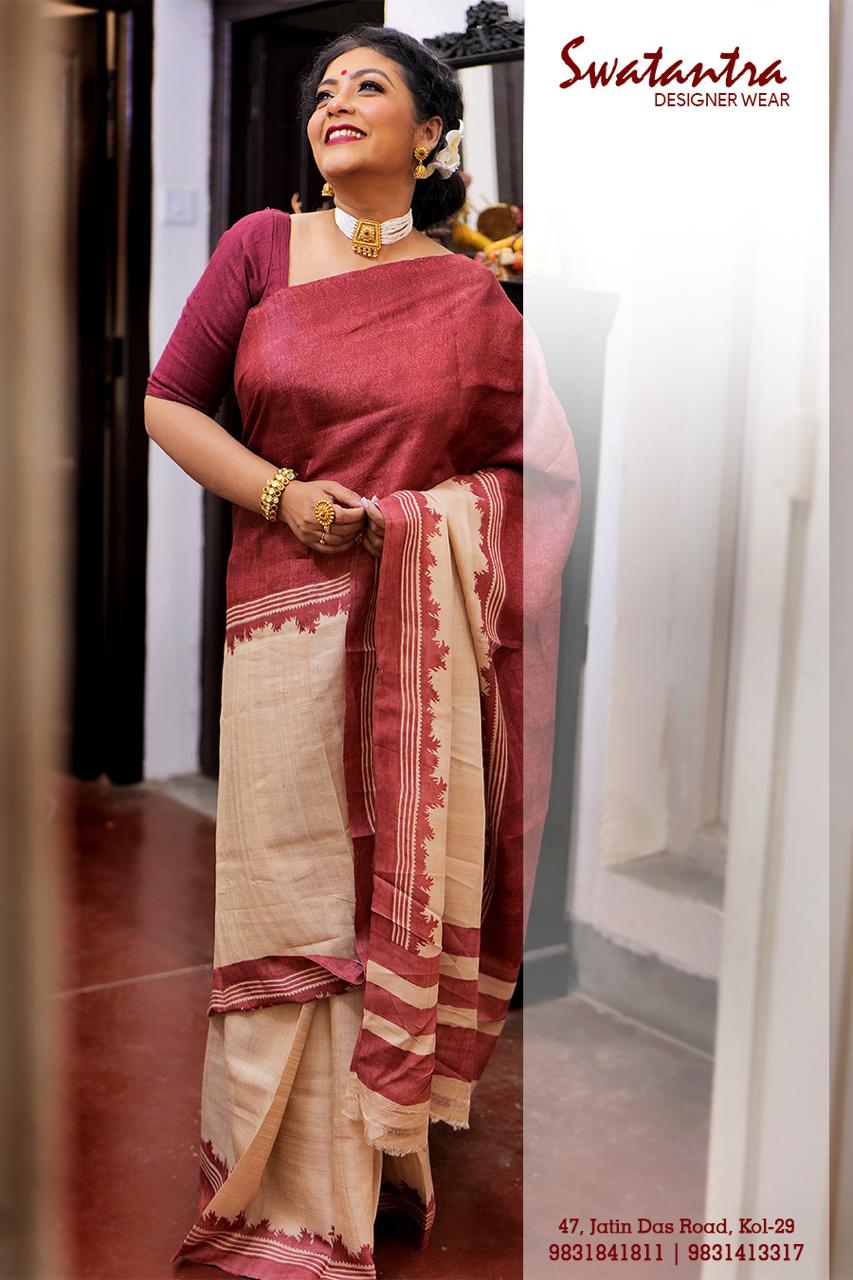 Tusser Maroon Saree
