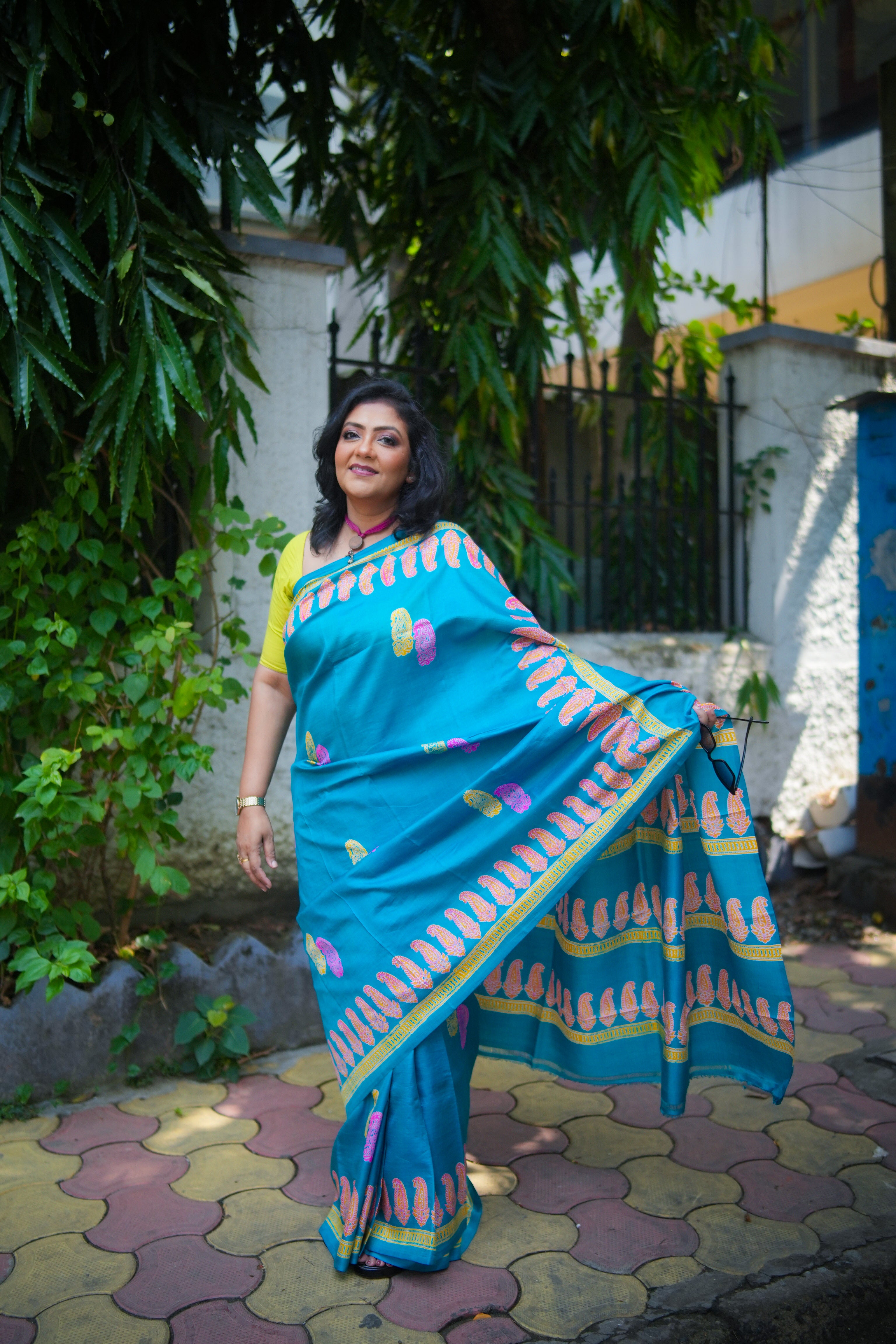SAREE SILK T.BLUE DISCHARGE PRNT LALIE