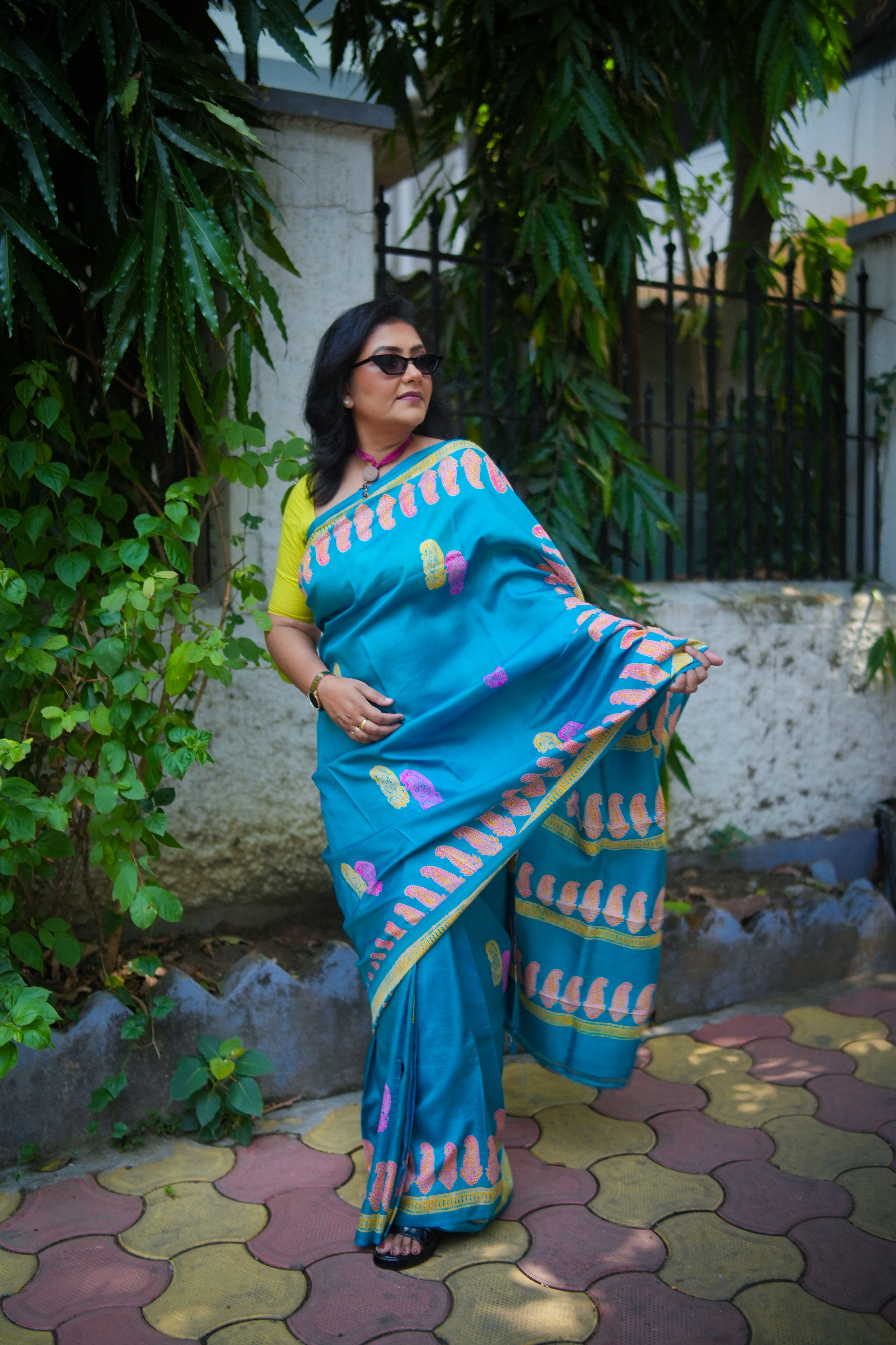 SAREE SILK T.BLUE DISCHARGE PRNT LALIE