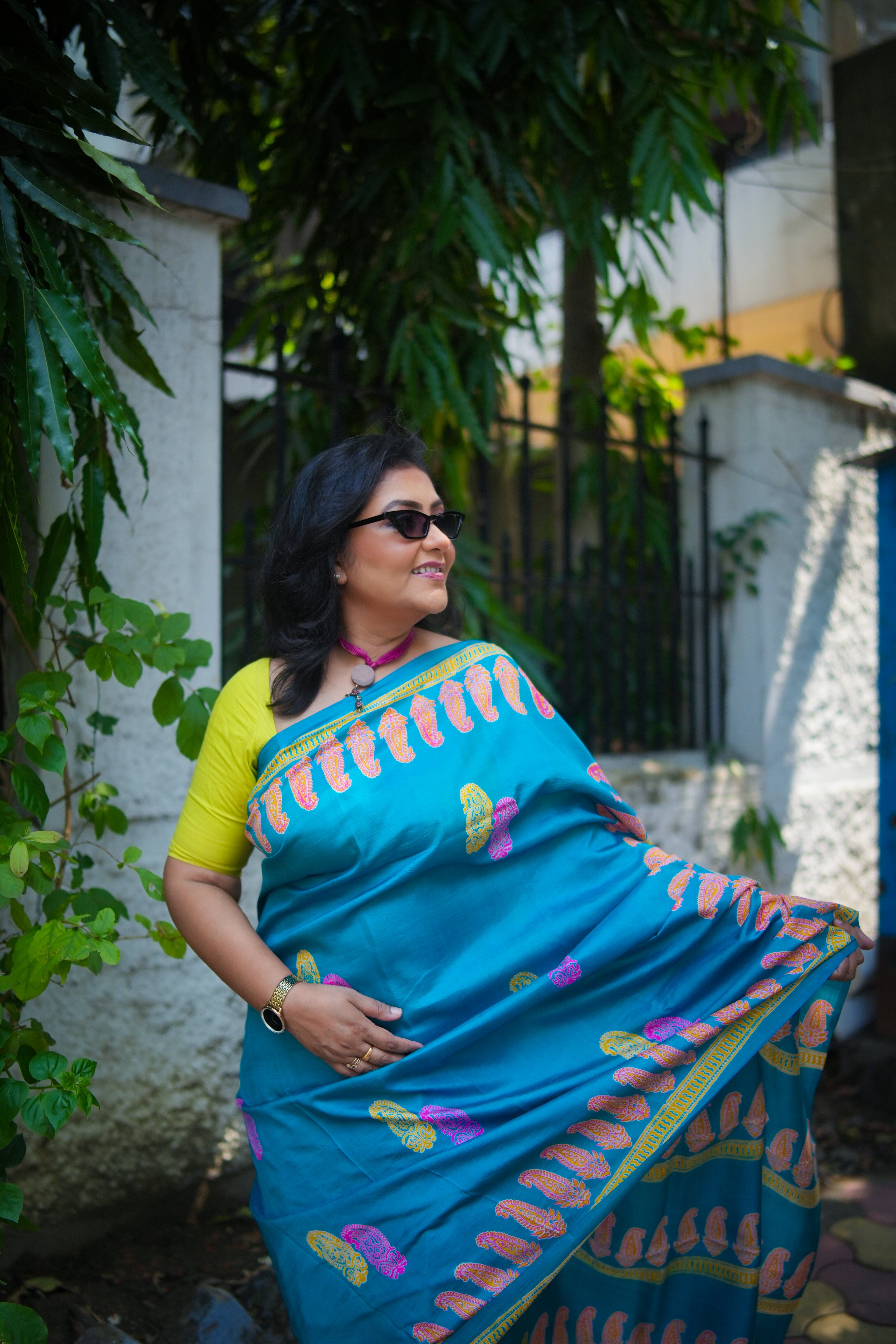 SAREE SILK T.BLUE DISCHARGE PRNT LALIE