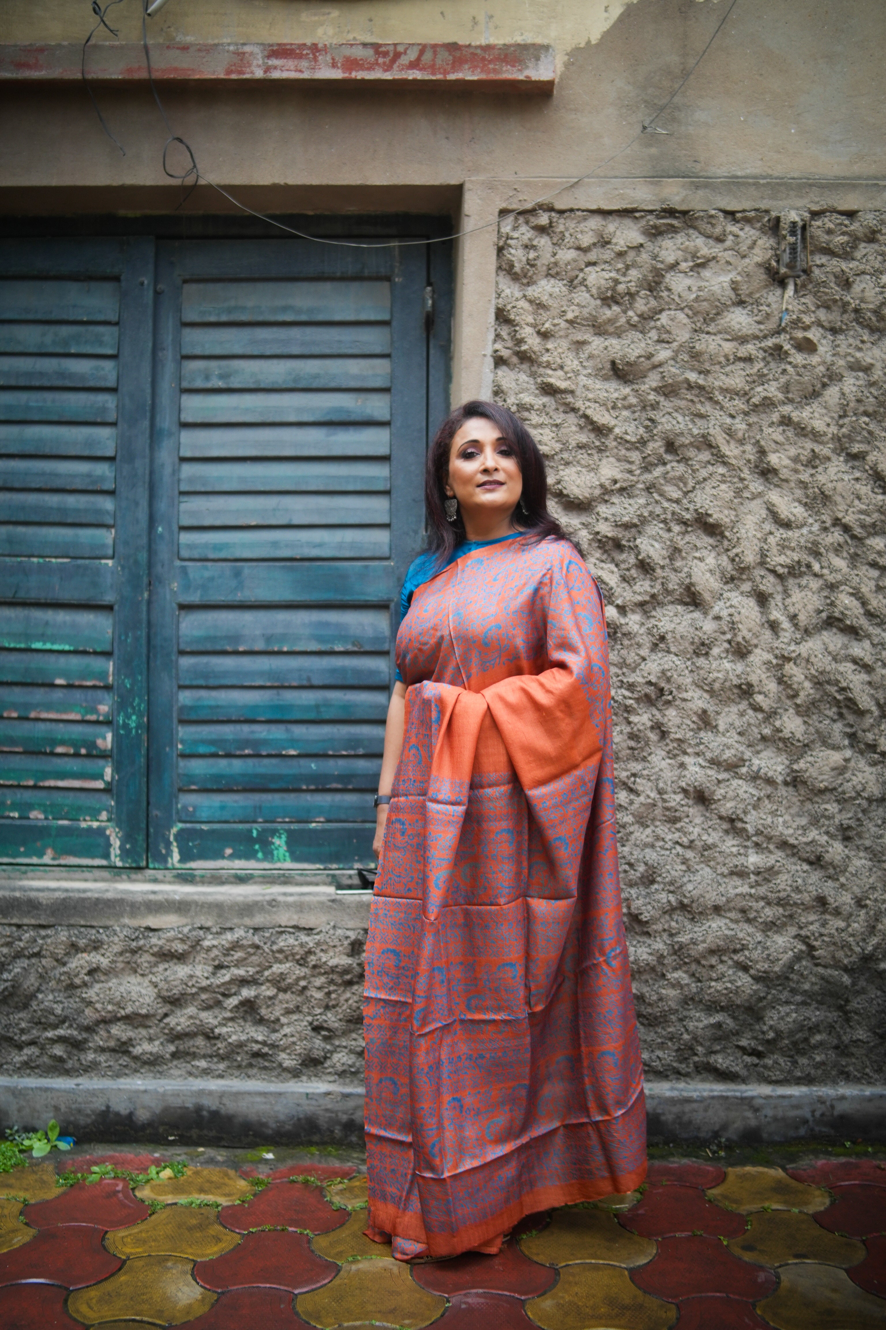 SAREE TUSSER RUST-BLUE AUDY
