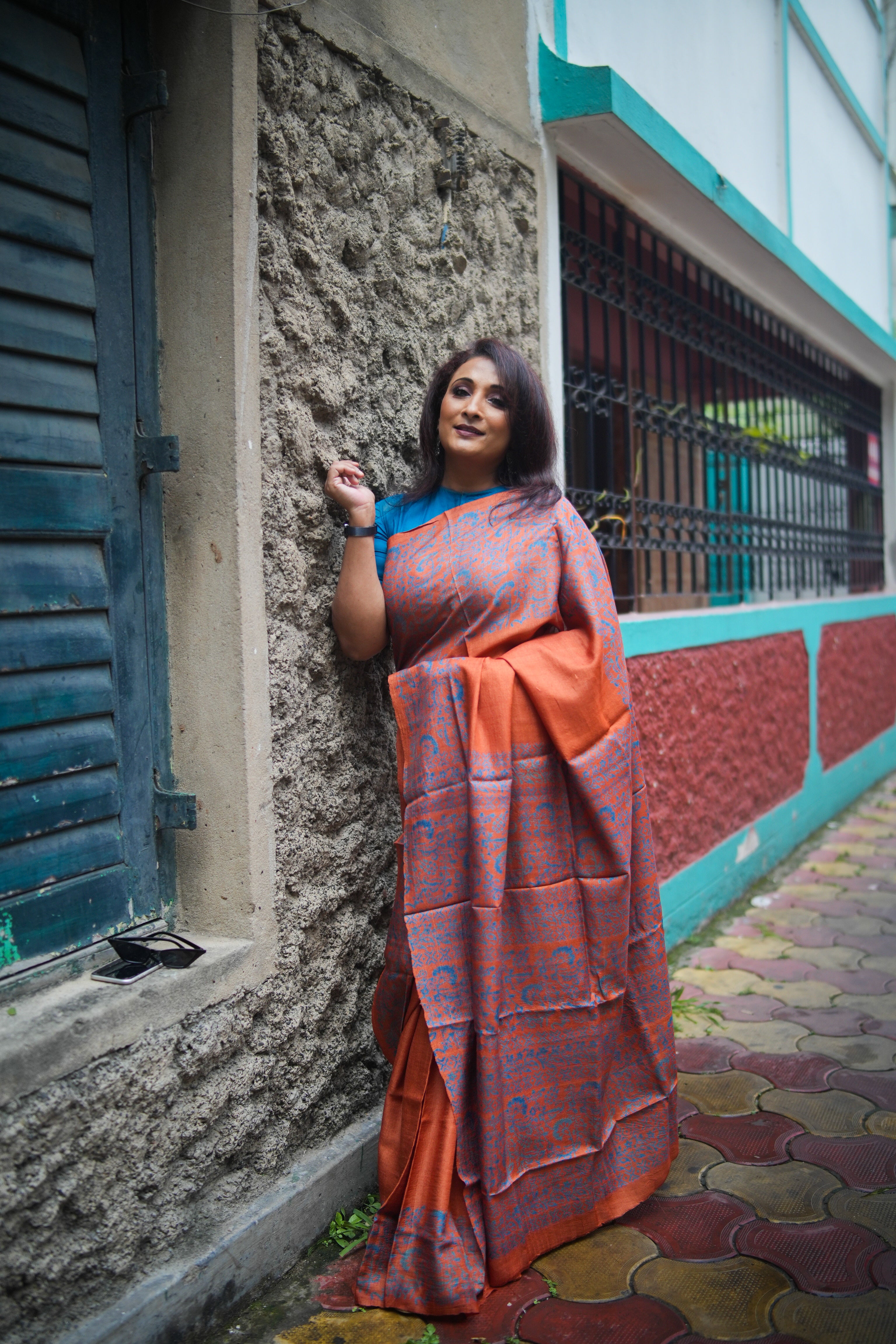 SAREE TUSSER RUST-BLUE AUDY