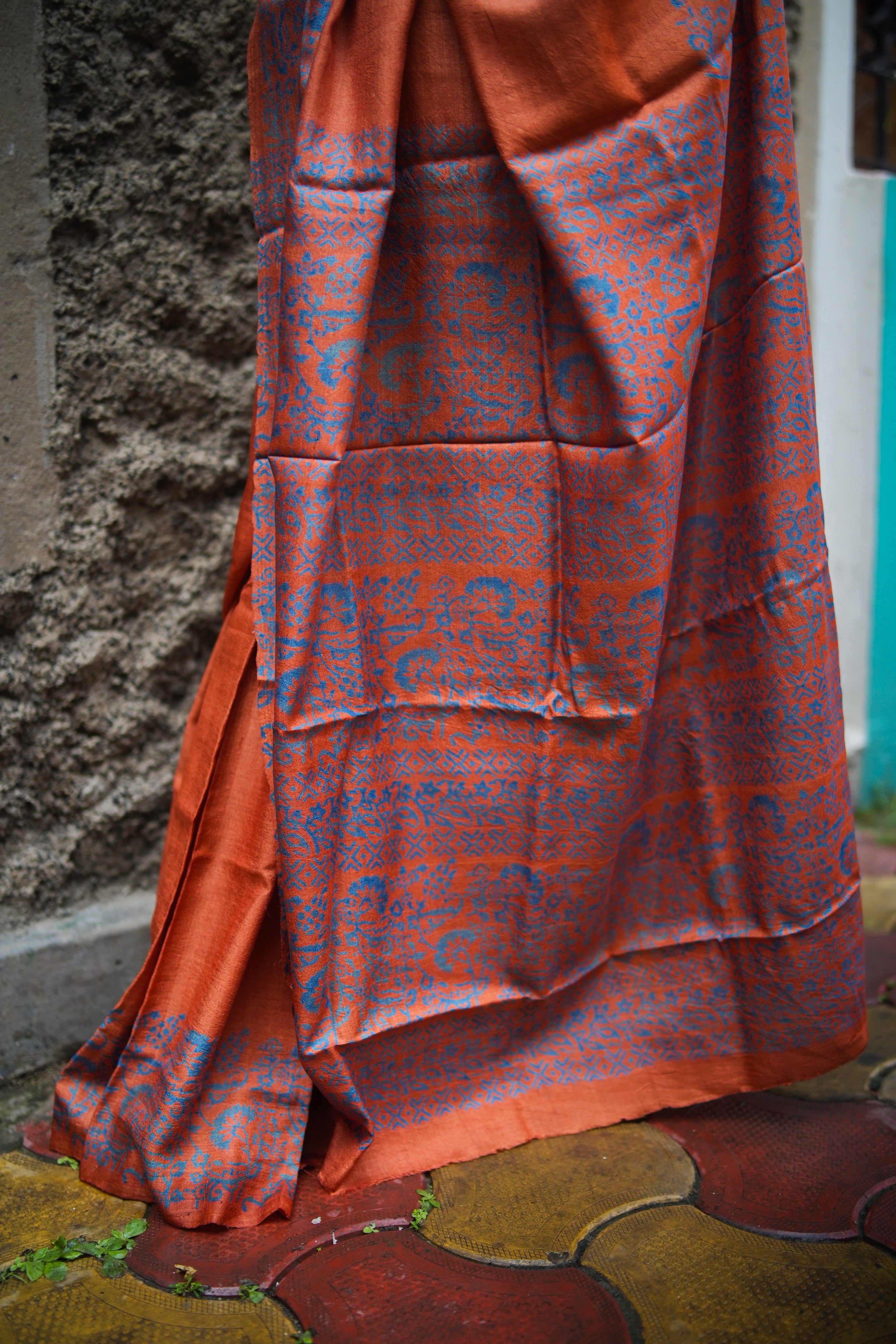 SAREE TUSSER RUST-BLUE AUDY