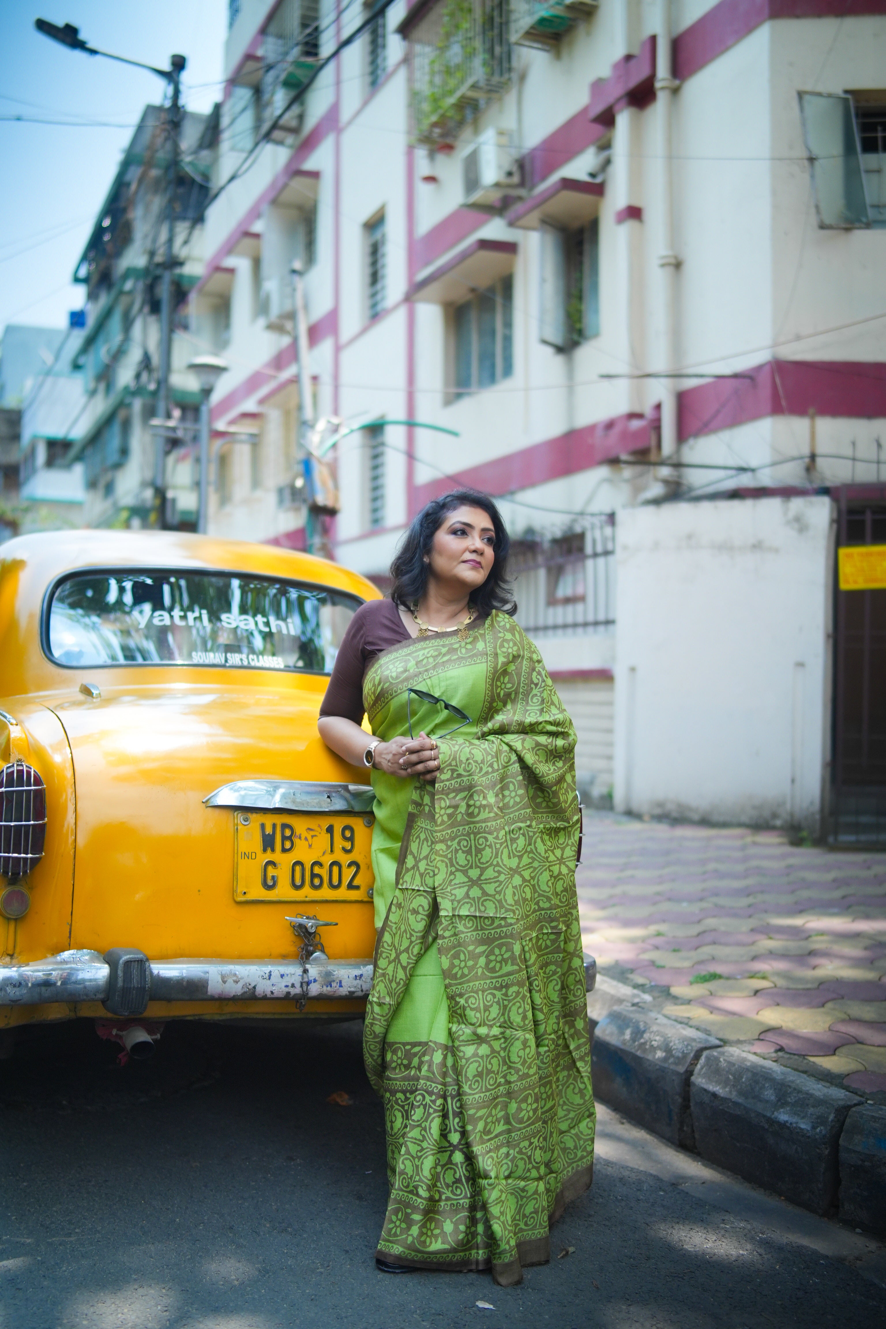 SAREE TUSSER GREEN BROWN LALIE