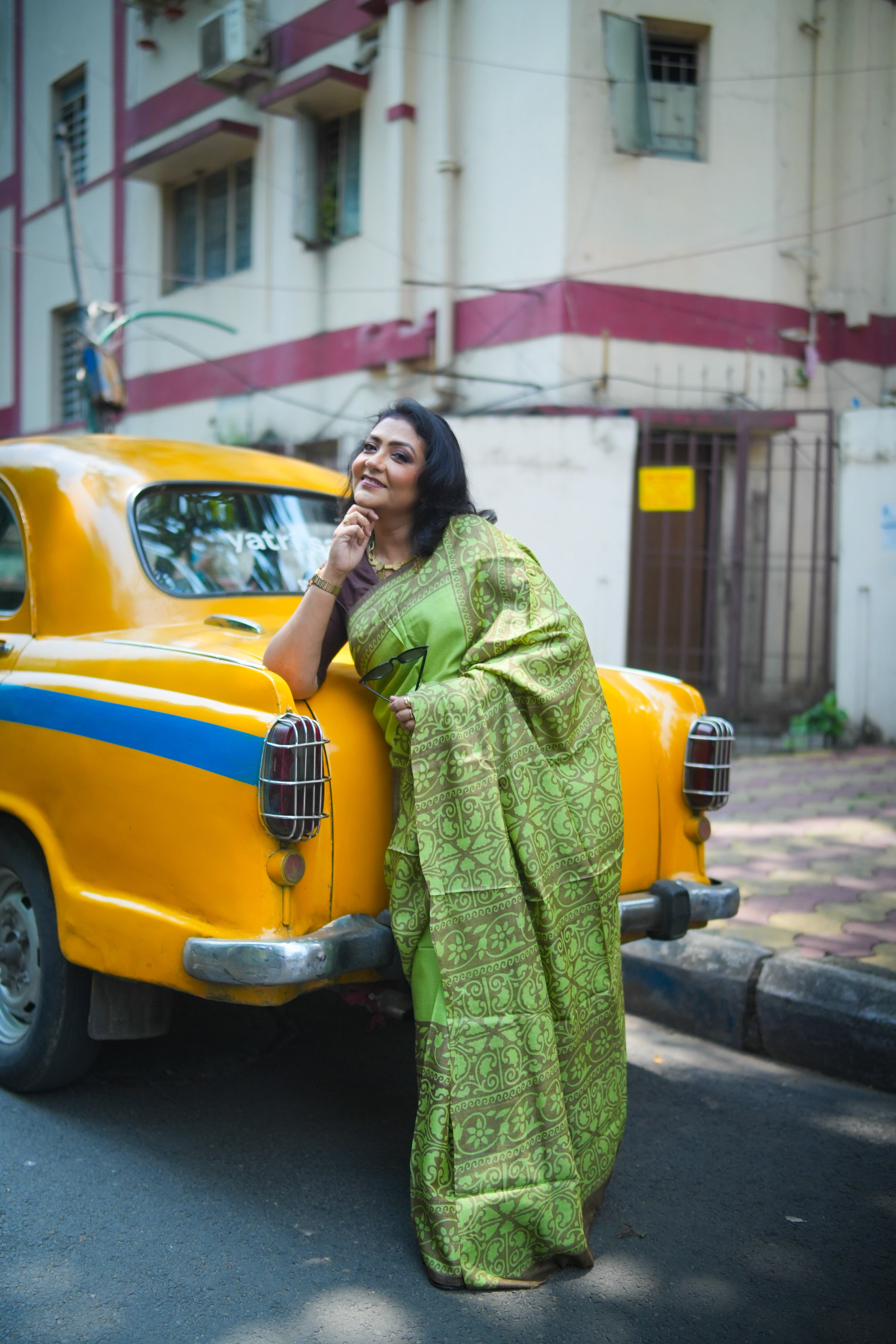 SAREE TUSSER GREEN BROWN LALIE