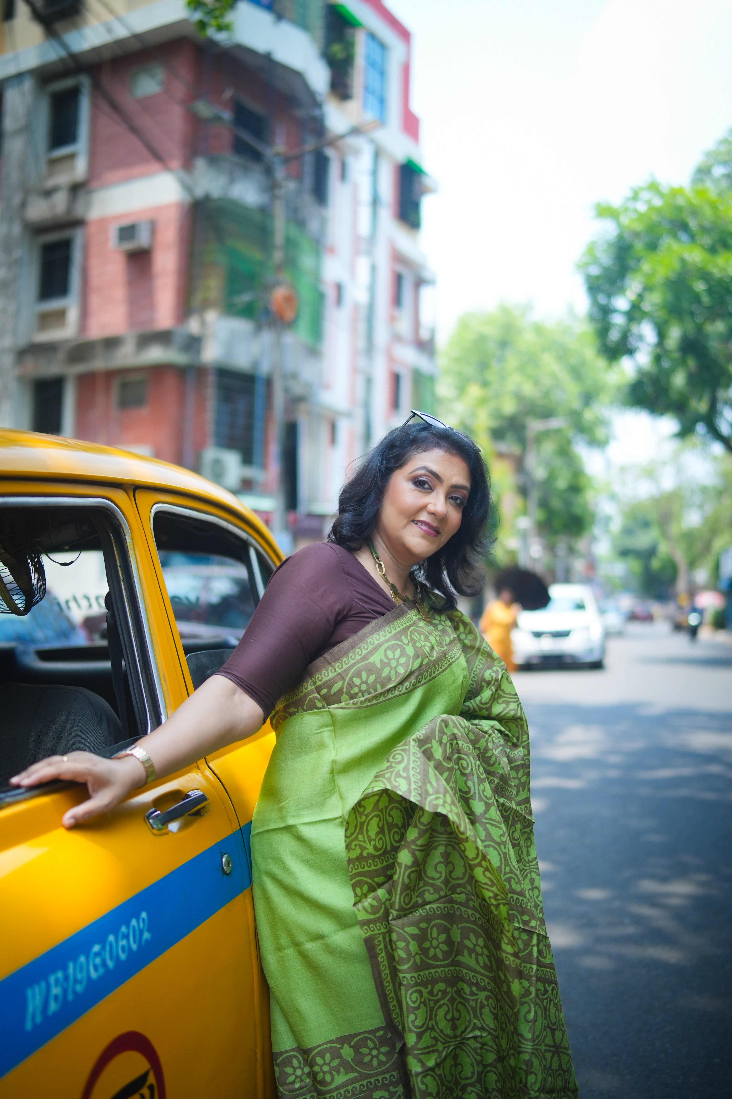 SAREE TUSSER GREEN BROWN LALIE