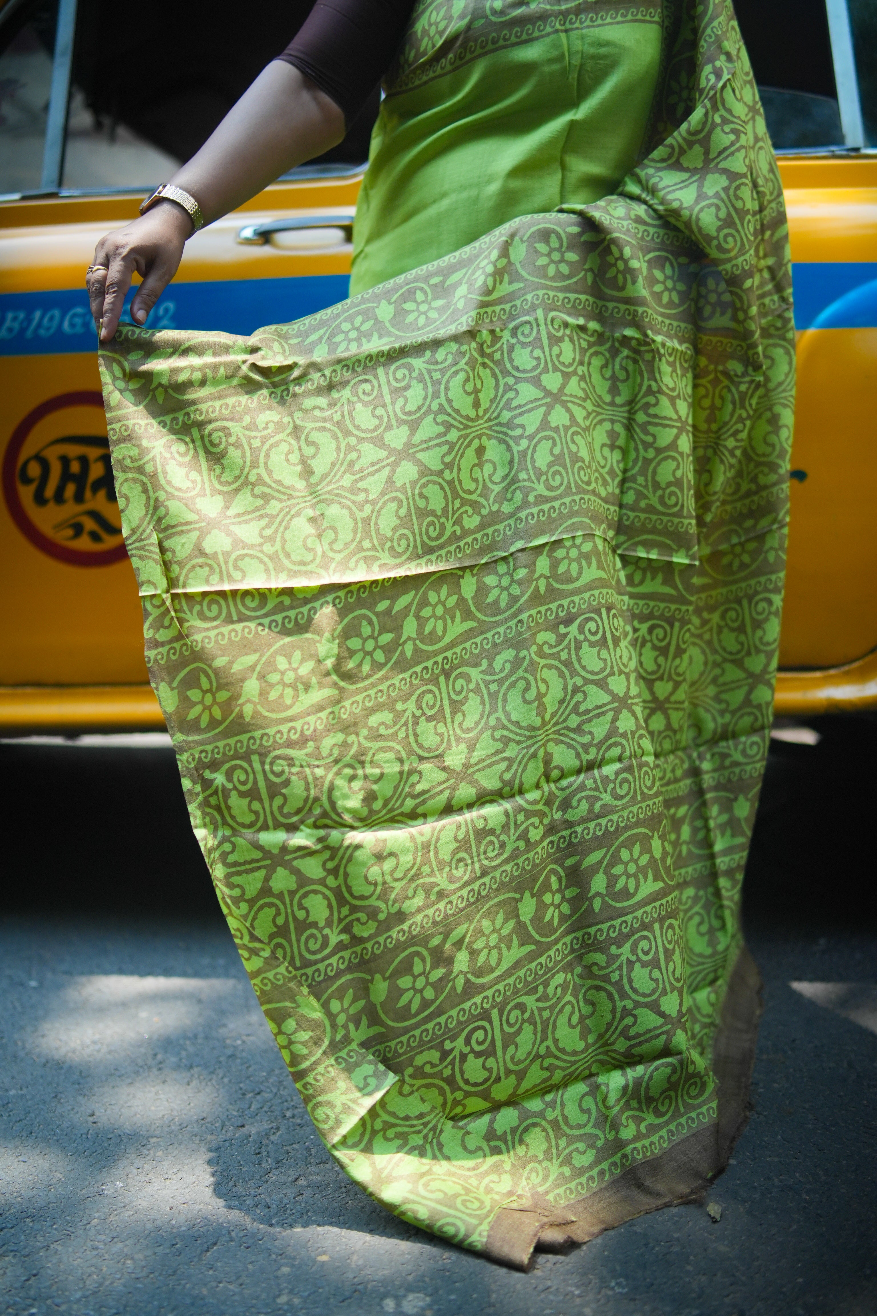 SAREE TUSSER GREEN BROWN LALIE