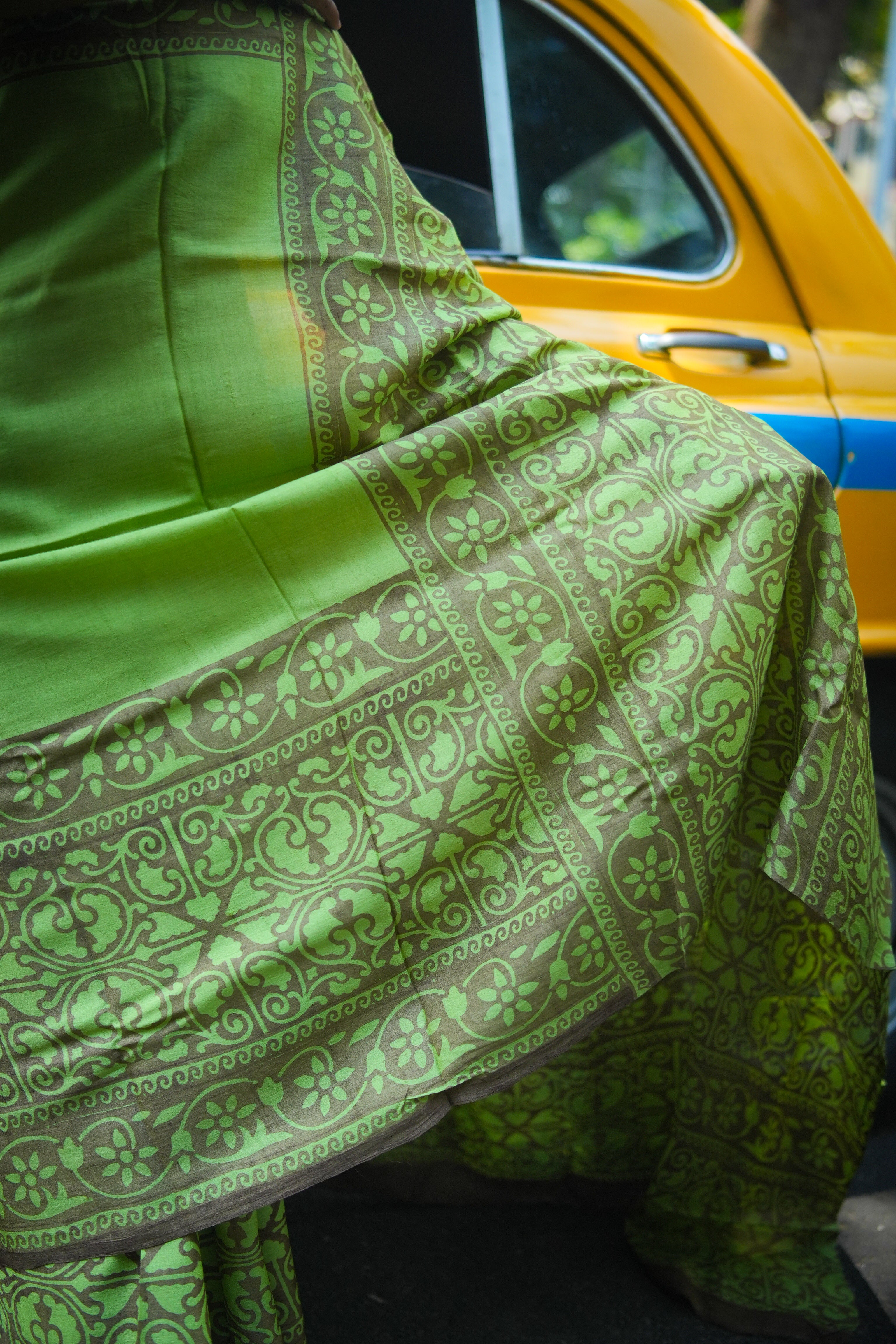 SAREE TUSSER GREEN BROWN LALIE