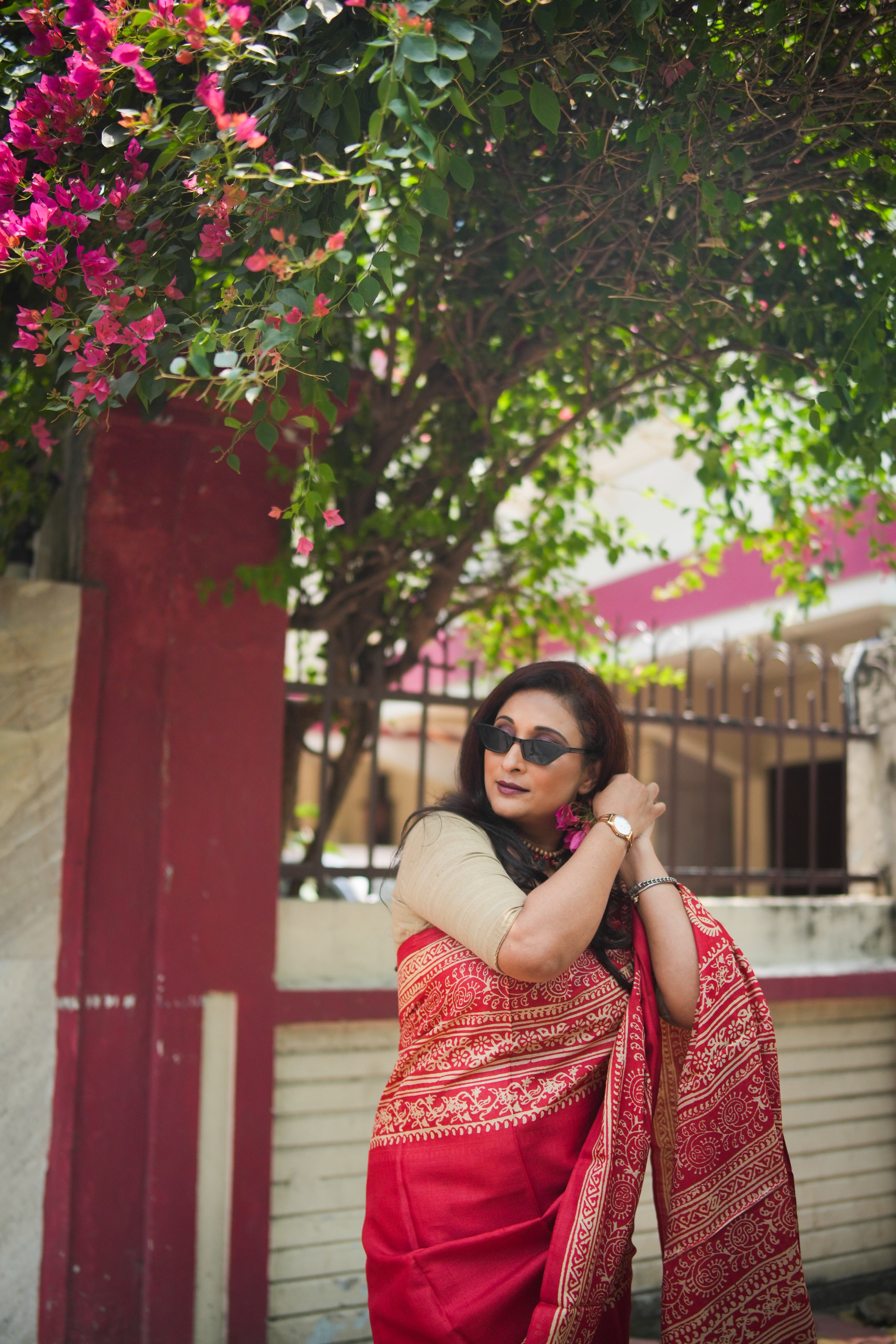 SAREE TUSSER RED DISCHARGE AUDY