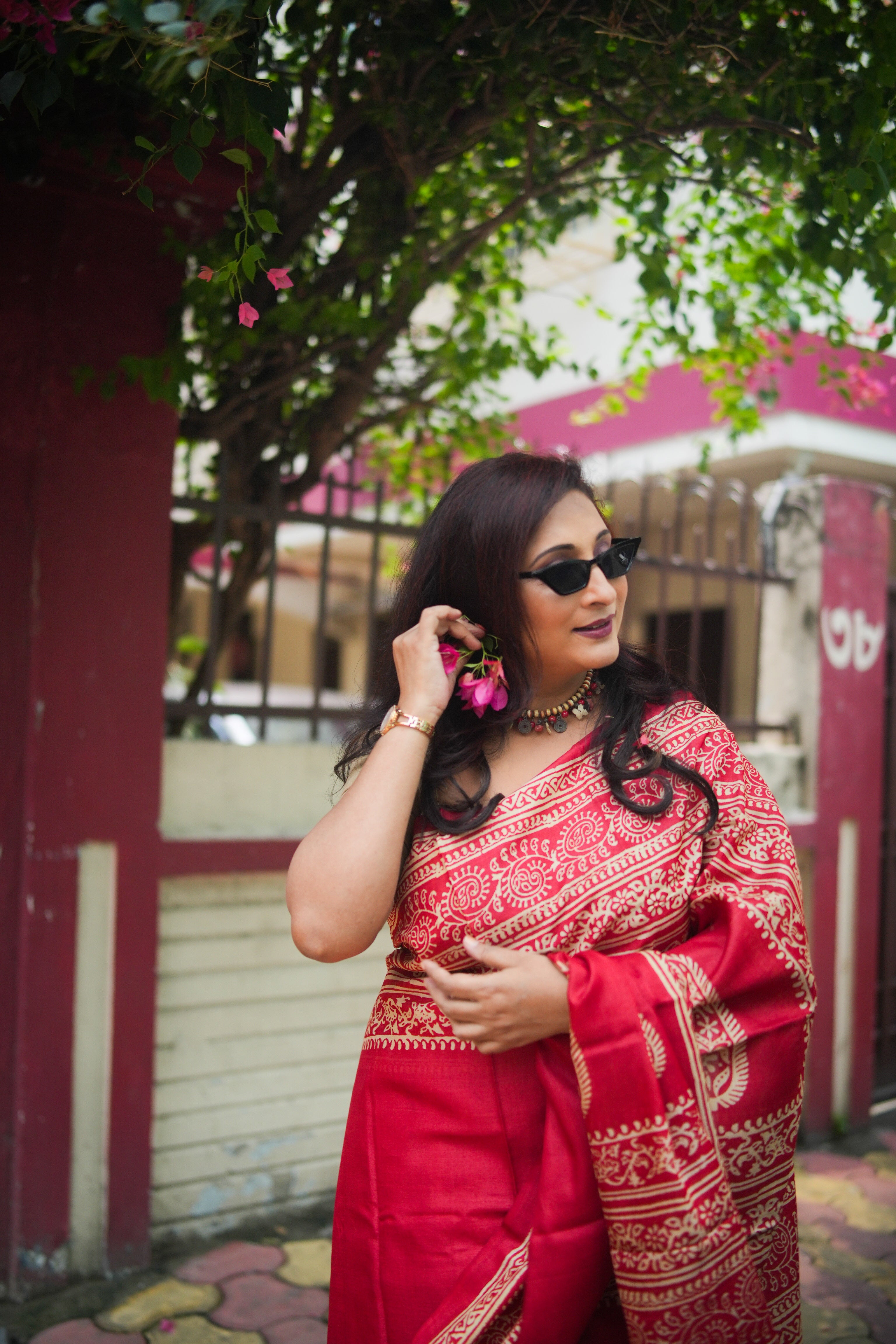 SAREE TUSSER RED DISCHARGE AUDY