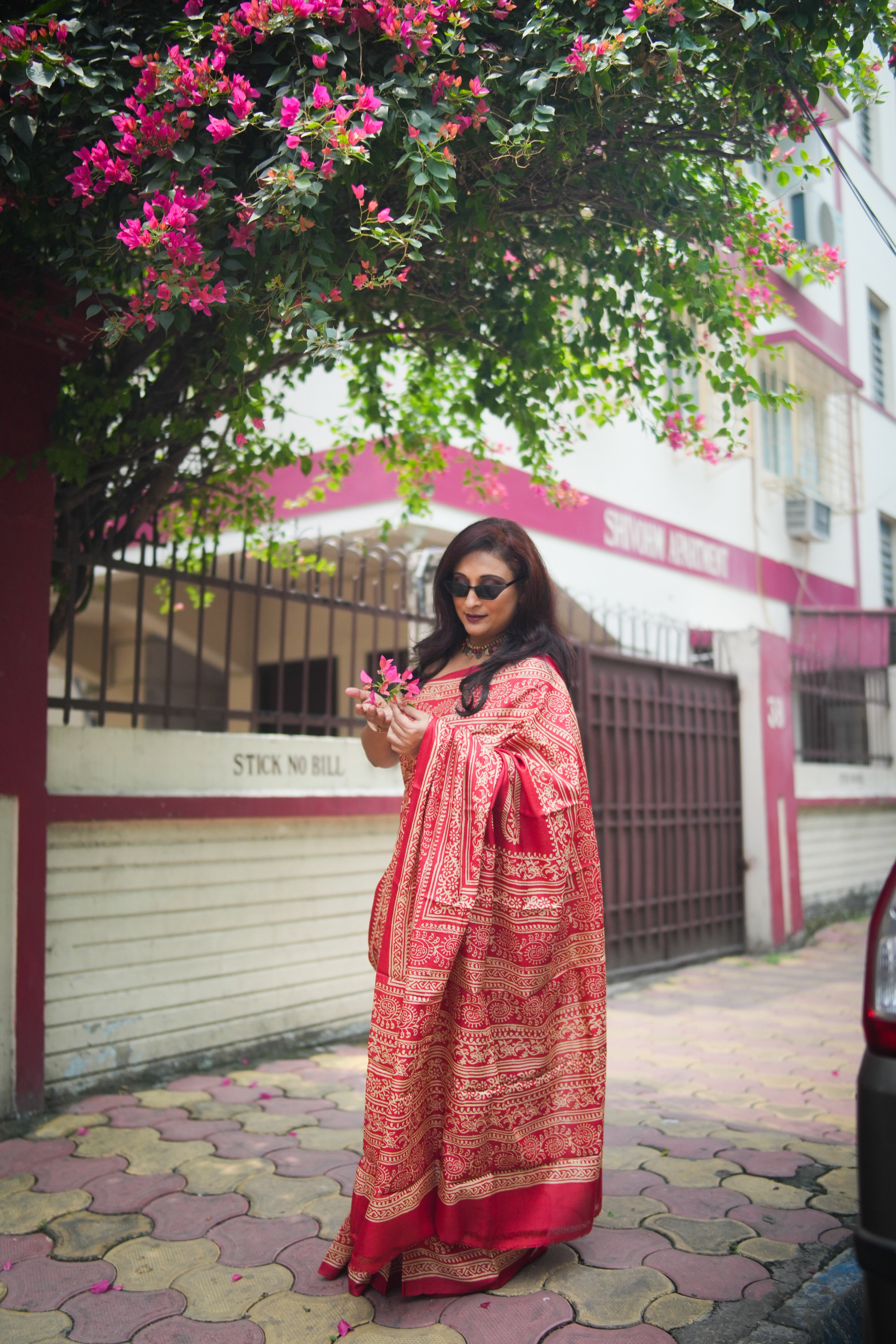 SAREE TUSSER RED DISCHARGE AUDY