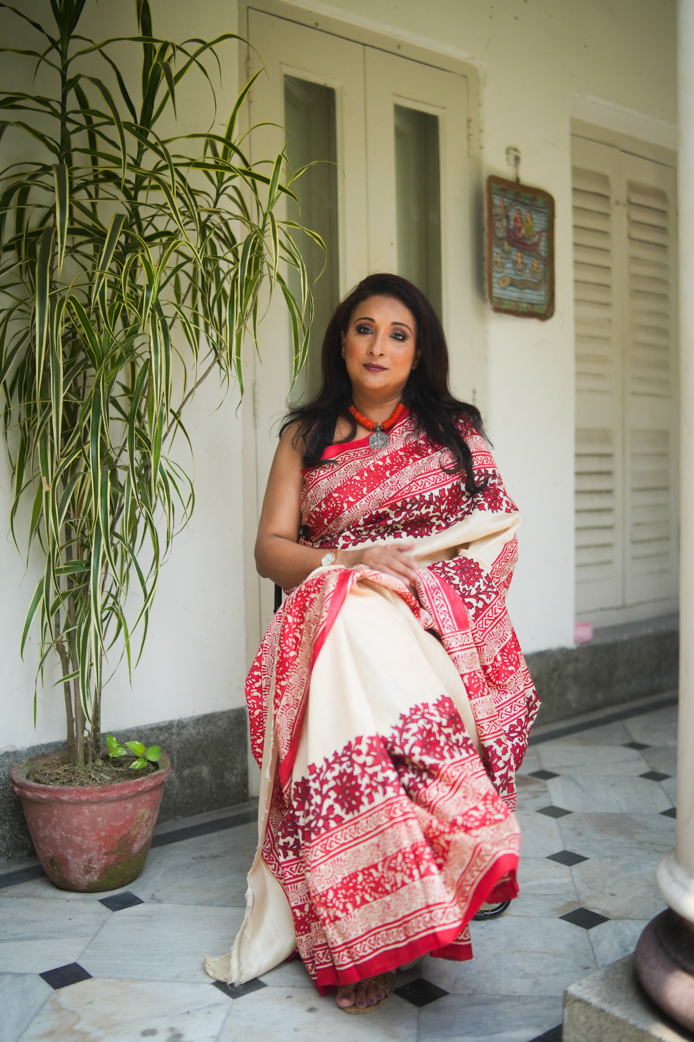 SAREE SILK OFFWHITE RED AUDY