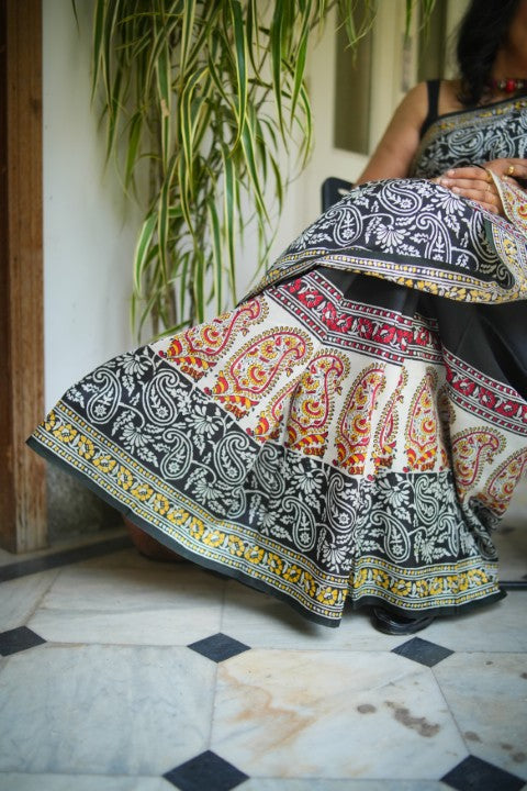 SAREE SILK BLACK MULTI PAISLEY LALIE