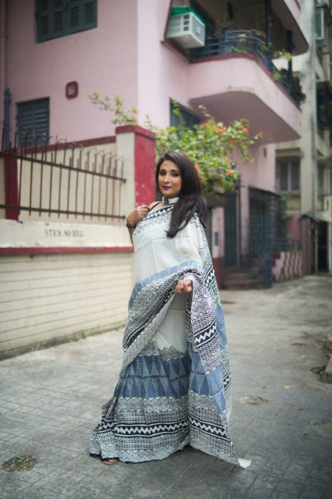 SAREE SILK OFFWHITE-ASH AUDY
