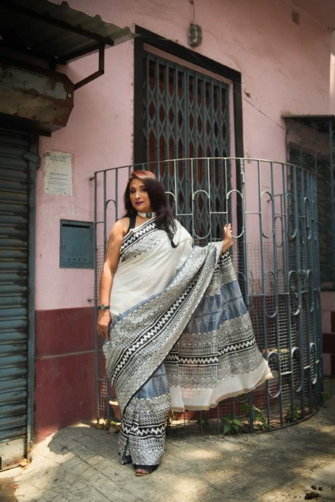 SAREE SILK OFFWHITE-ASH AUDY