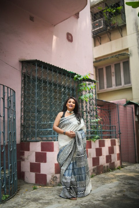 SAREE SILK OFFWHITE-ASH AUDY