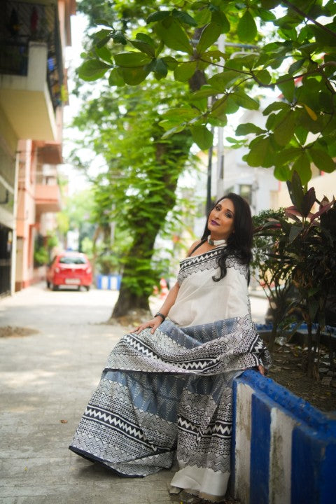 SAREE SILK OFFWHITE-ASH AUDY