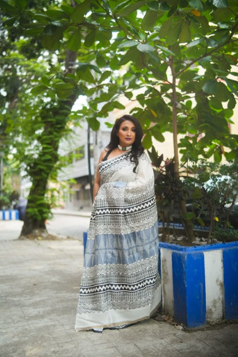 SAREE SILK OFFWHITE-ASH AUDY