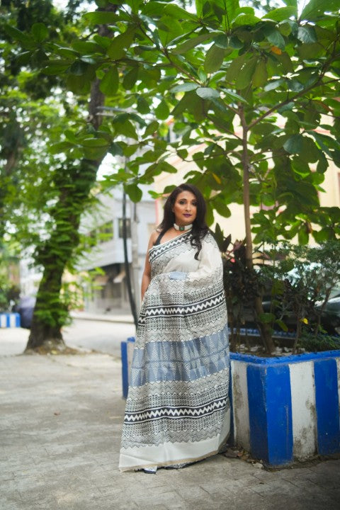SAREE SILK OFFWHITE-ASH AUDY