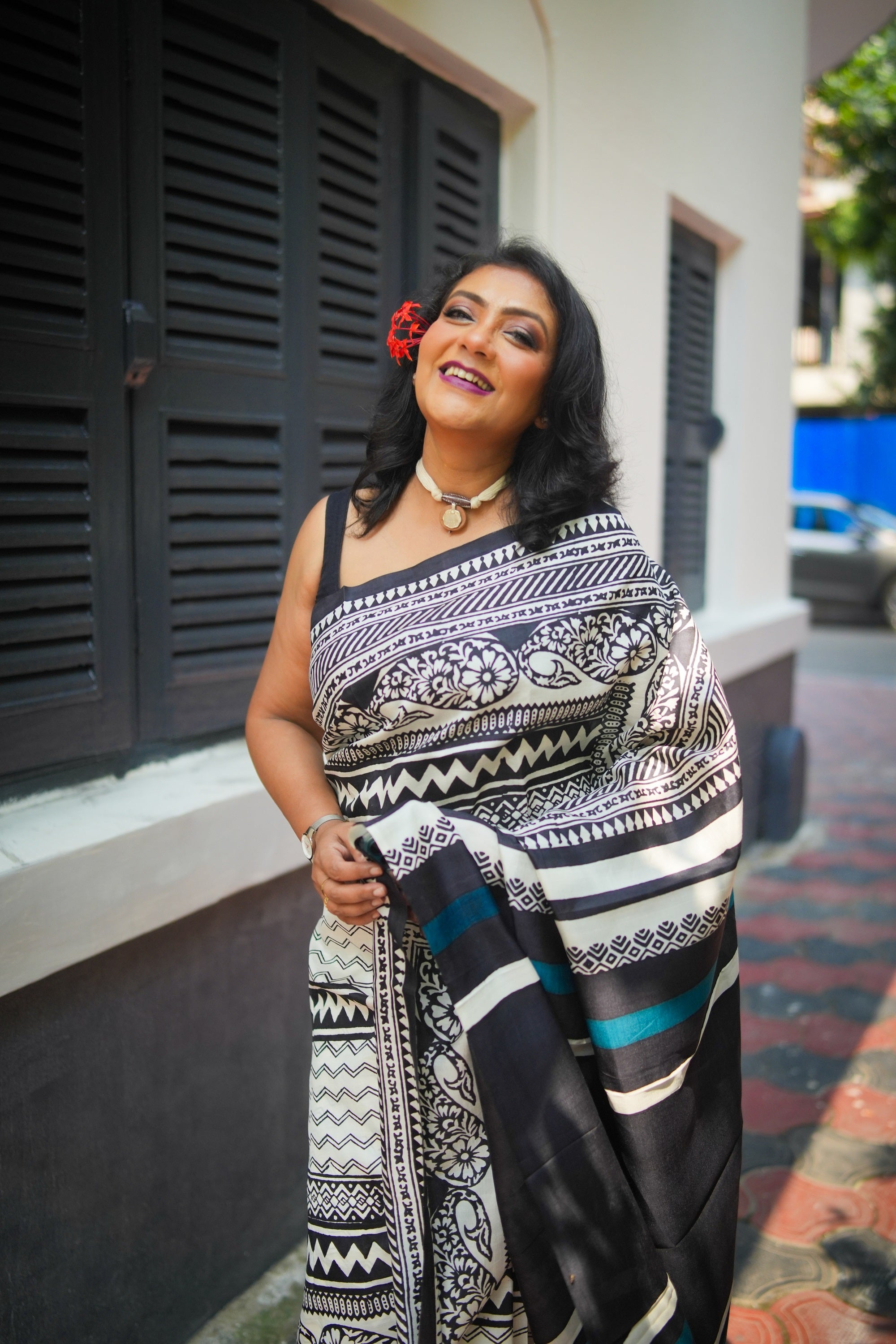 SAREE SILK OFFWHITE BLACK LALIE