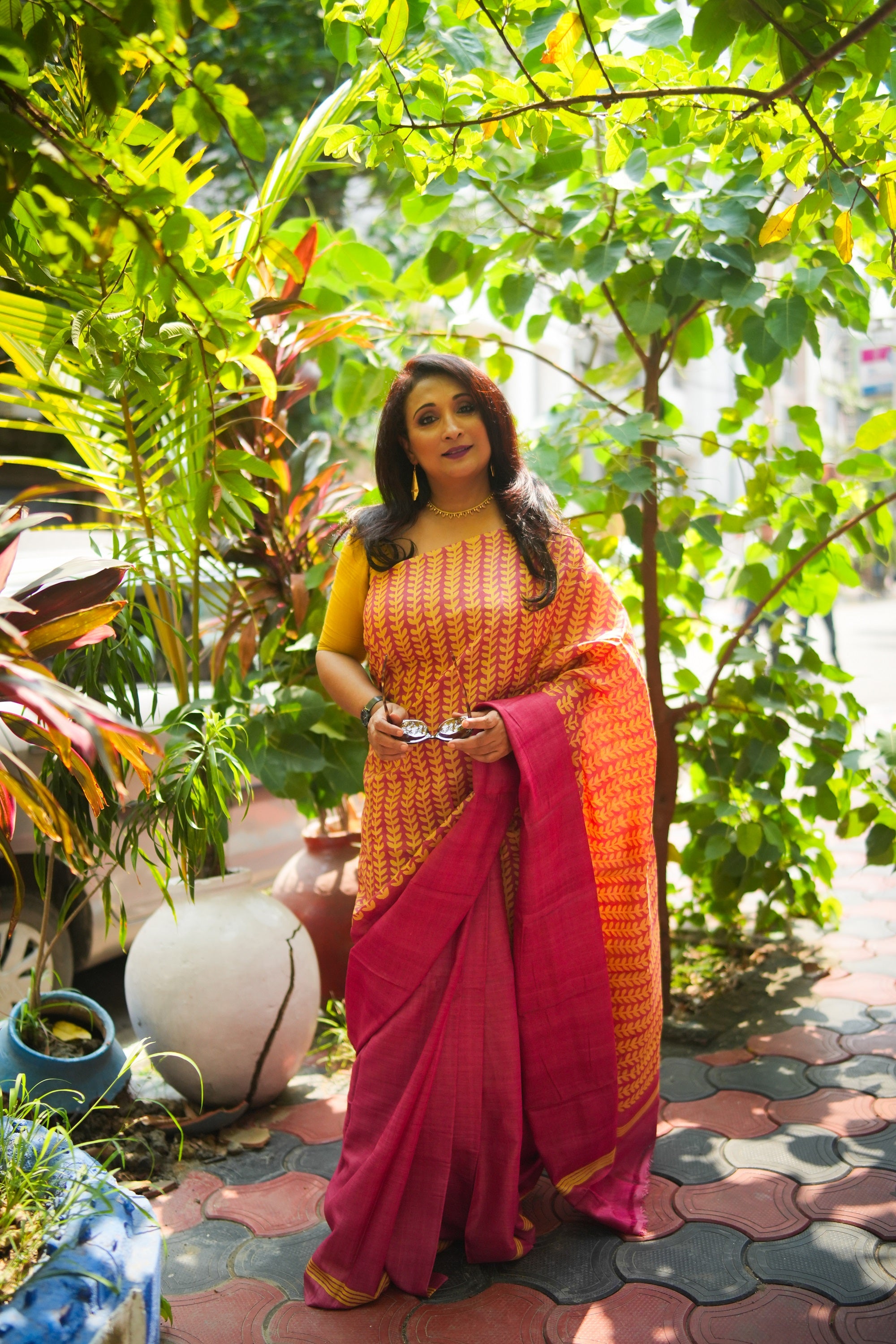 SAREE TUSSER RED LEAVES AUDY