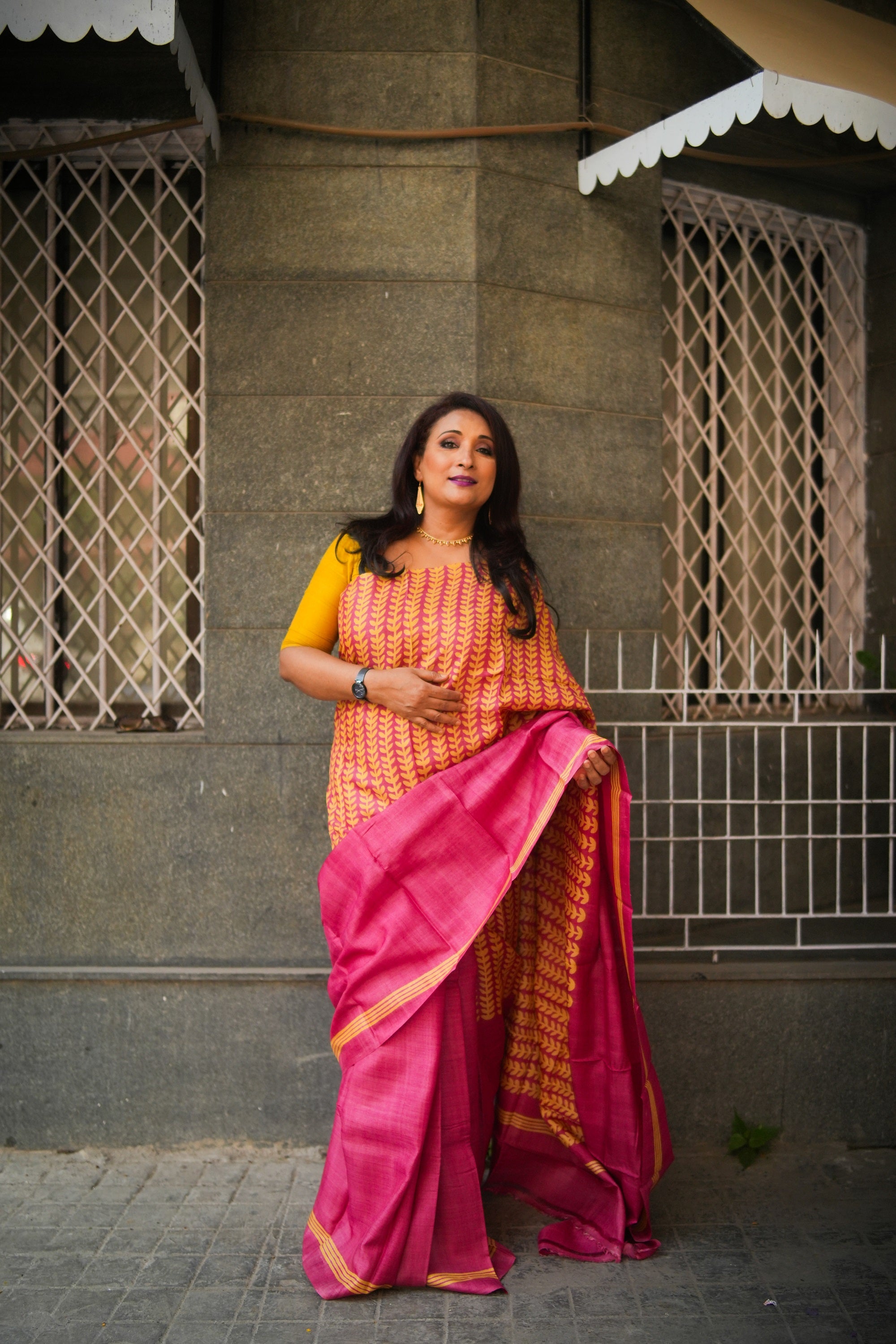 SAREE TUSSER RED LEAVES AUDY