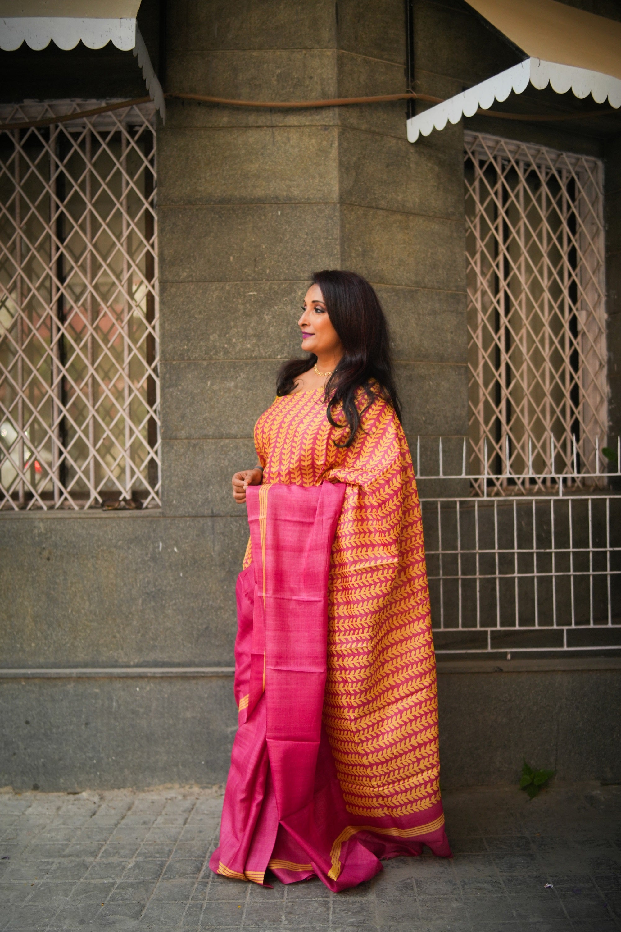 SAREE TUSSER RED LEAVES AUDY