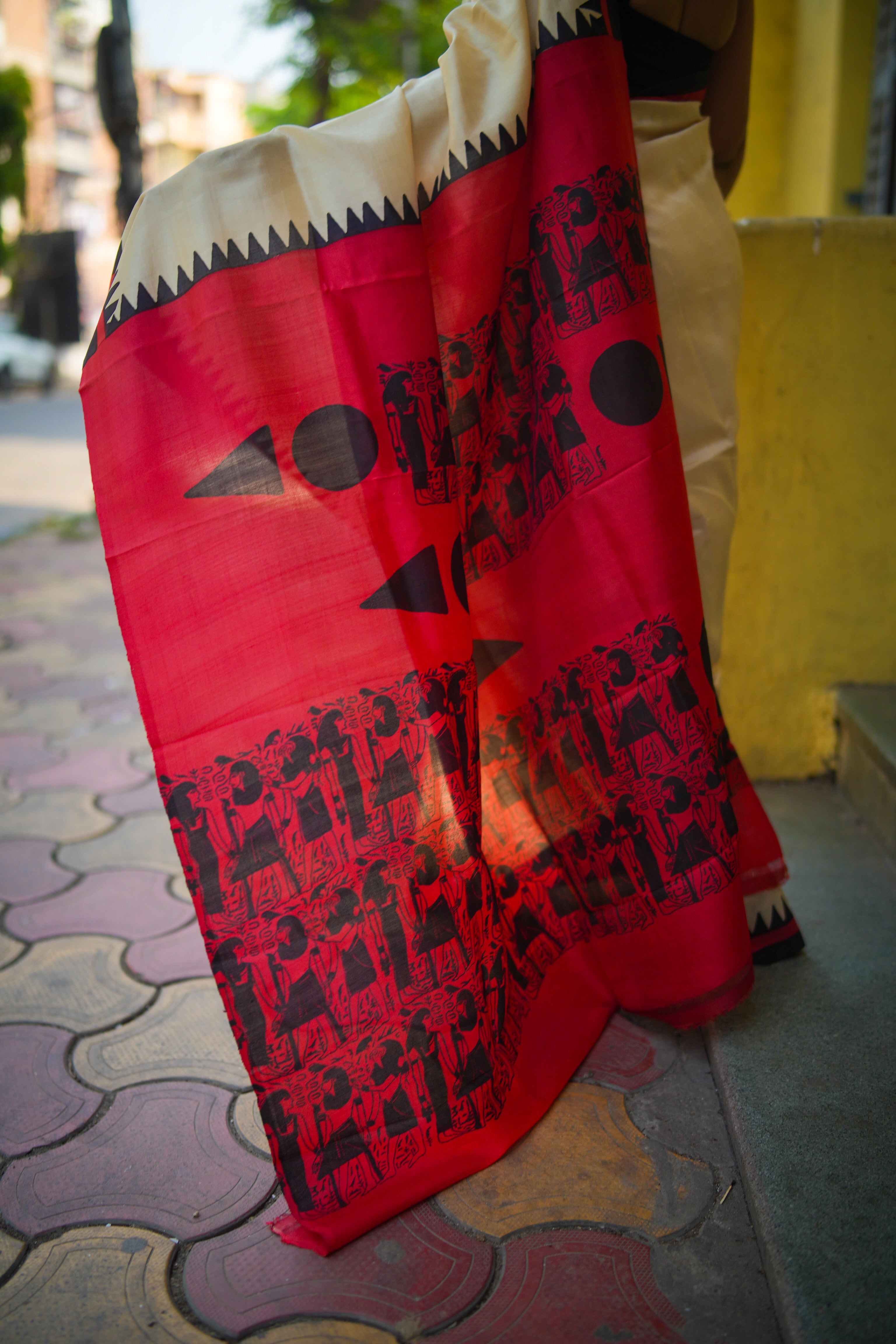 SAREE SILK CREAM BLACK RED LALIE