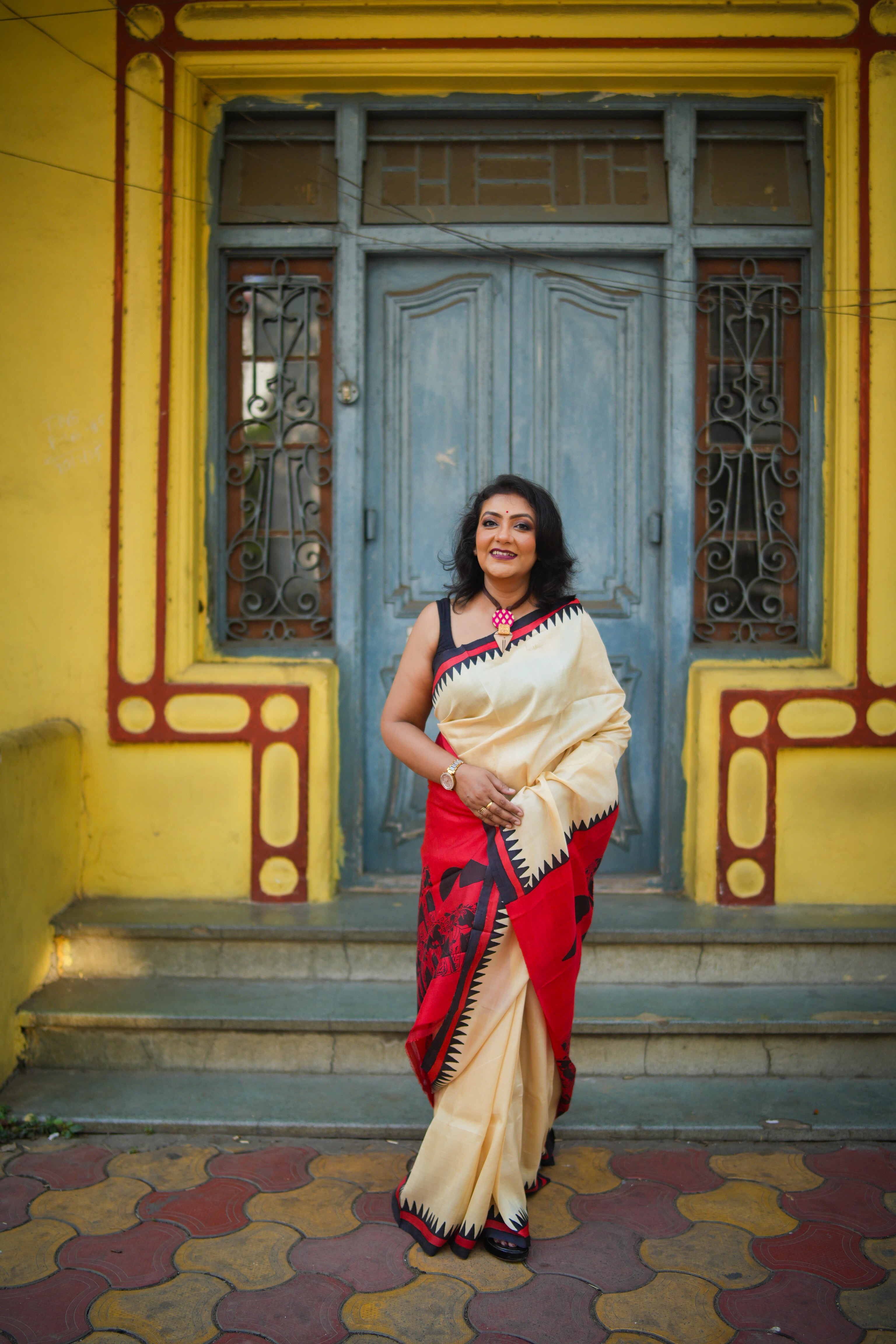 SAREE SILK CREAM BLACK RED LALIE